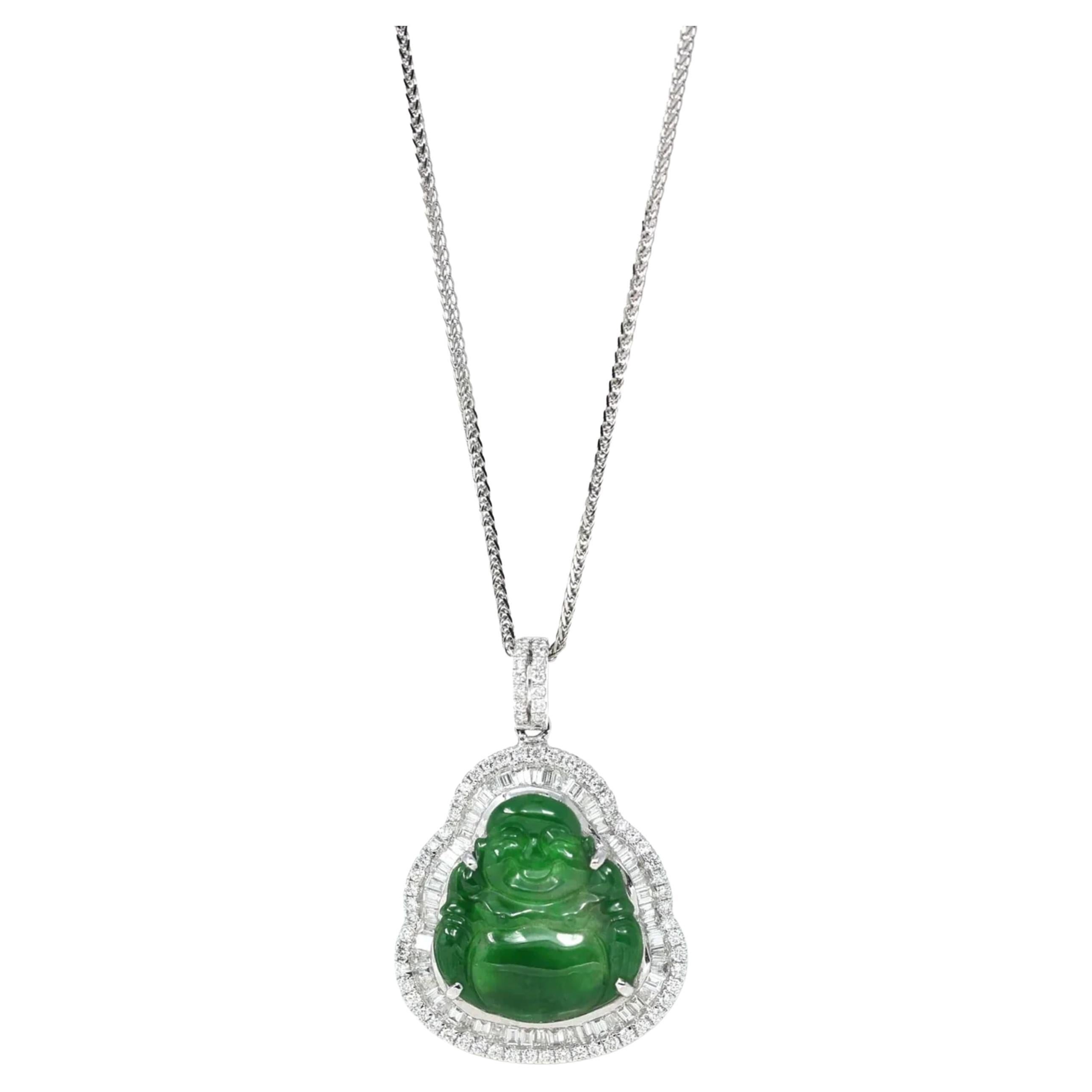 18k White Gold High-End Imperial Jadeite Jade Buddha Necklace with Diamonds For Sale