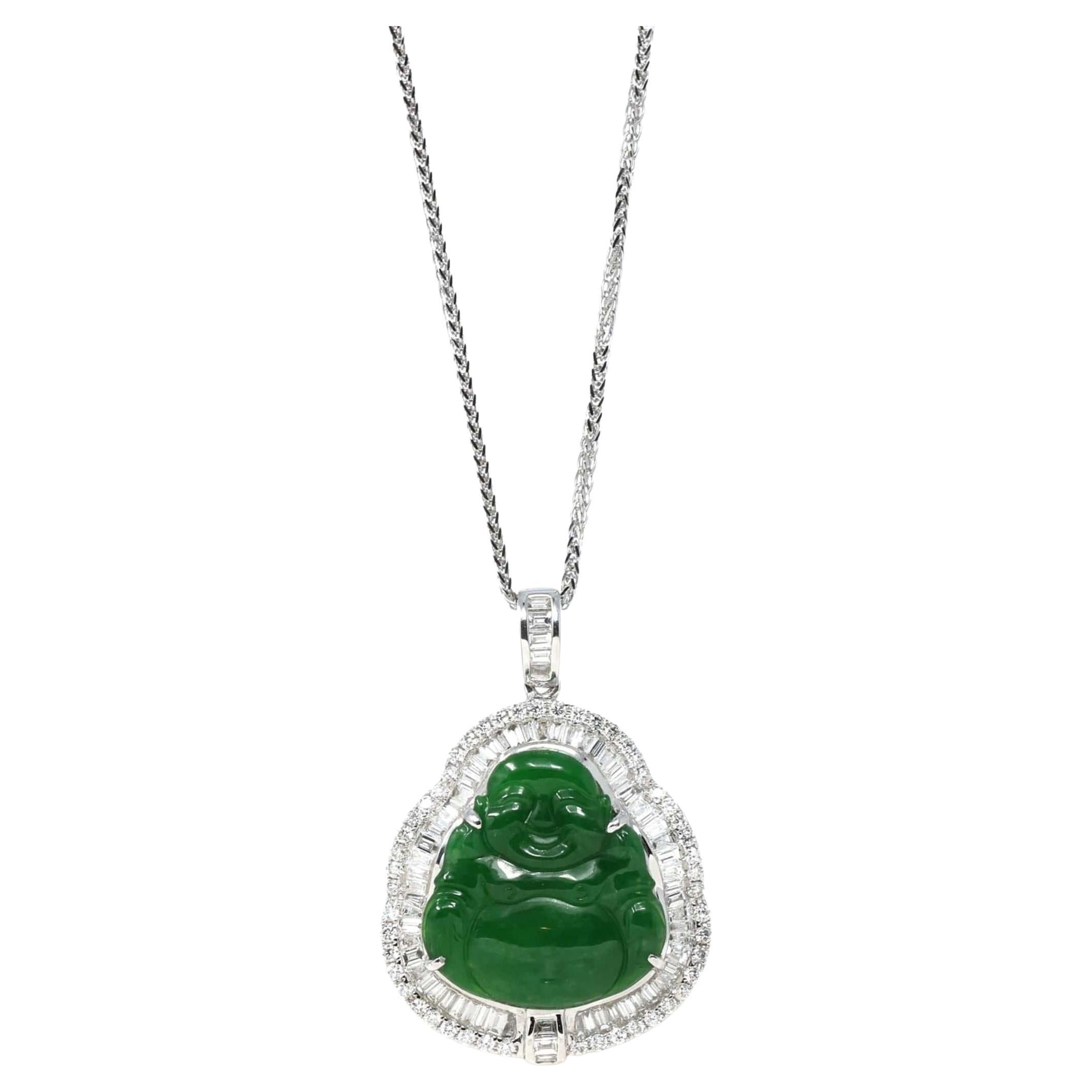 18K White Gold High-End Imperial Jadeite Jade Buddha Necklace with Diamonds For Sale