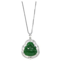 Vintage 18K White Gold High-End Imperial Jadeite Jade Buddha Necklace with Diamonds
