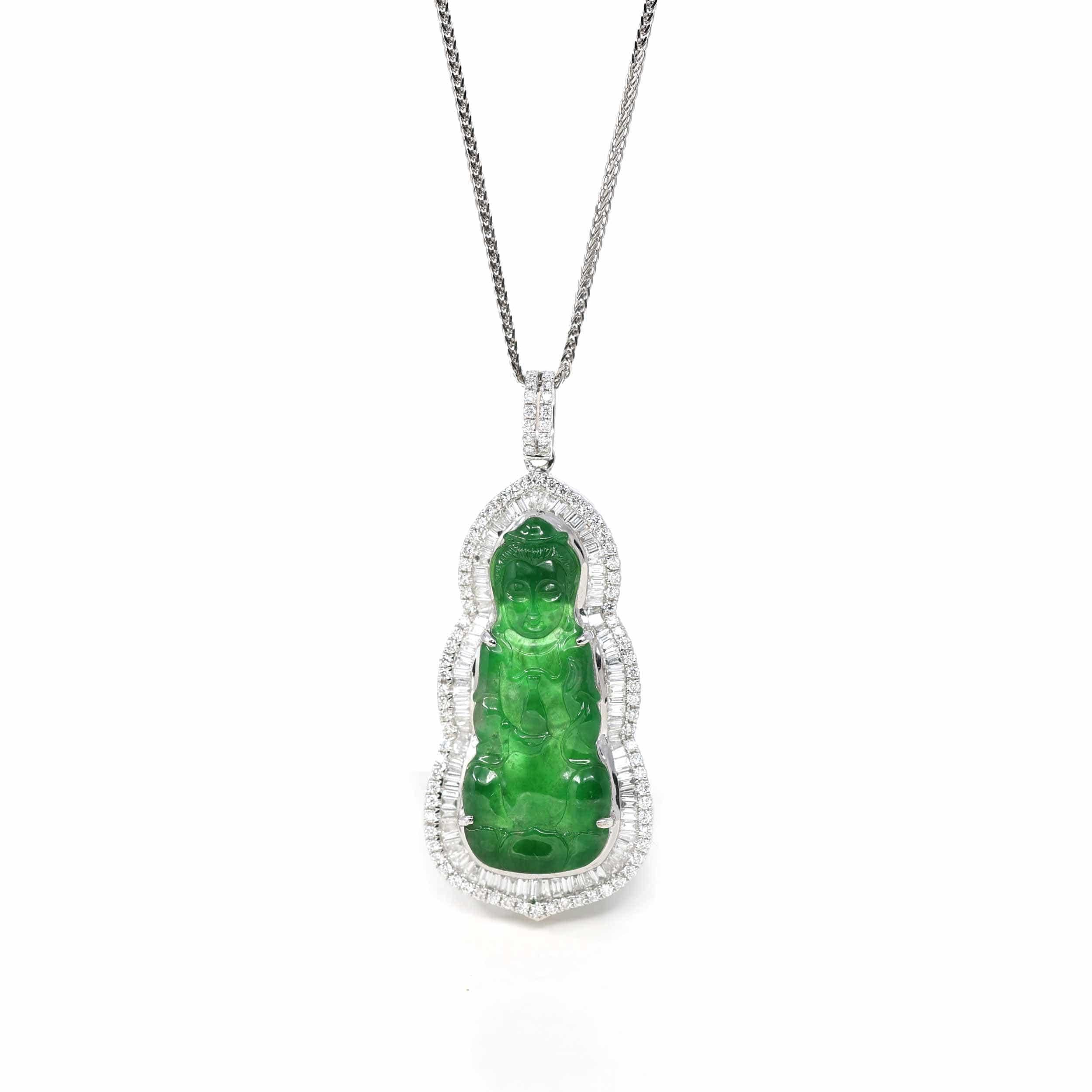 * DESIGN CONCEPT--- This necklace depicts a timeless symbol seen in jade. The Guan Yin. Representing compassion, kindness, and Mercy. The value of the piece comes from the natural Burmese imperial green jadeite jade. As photographed, the