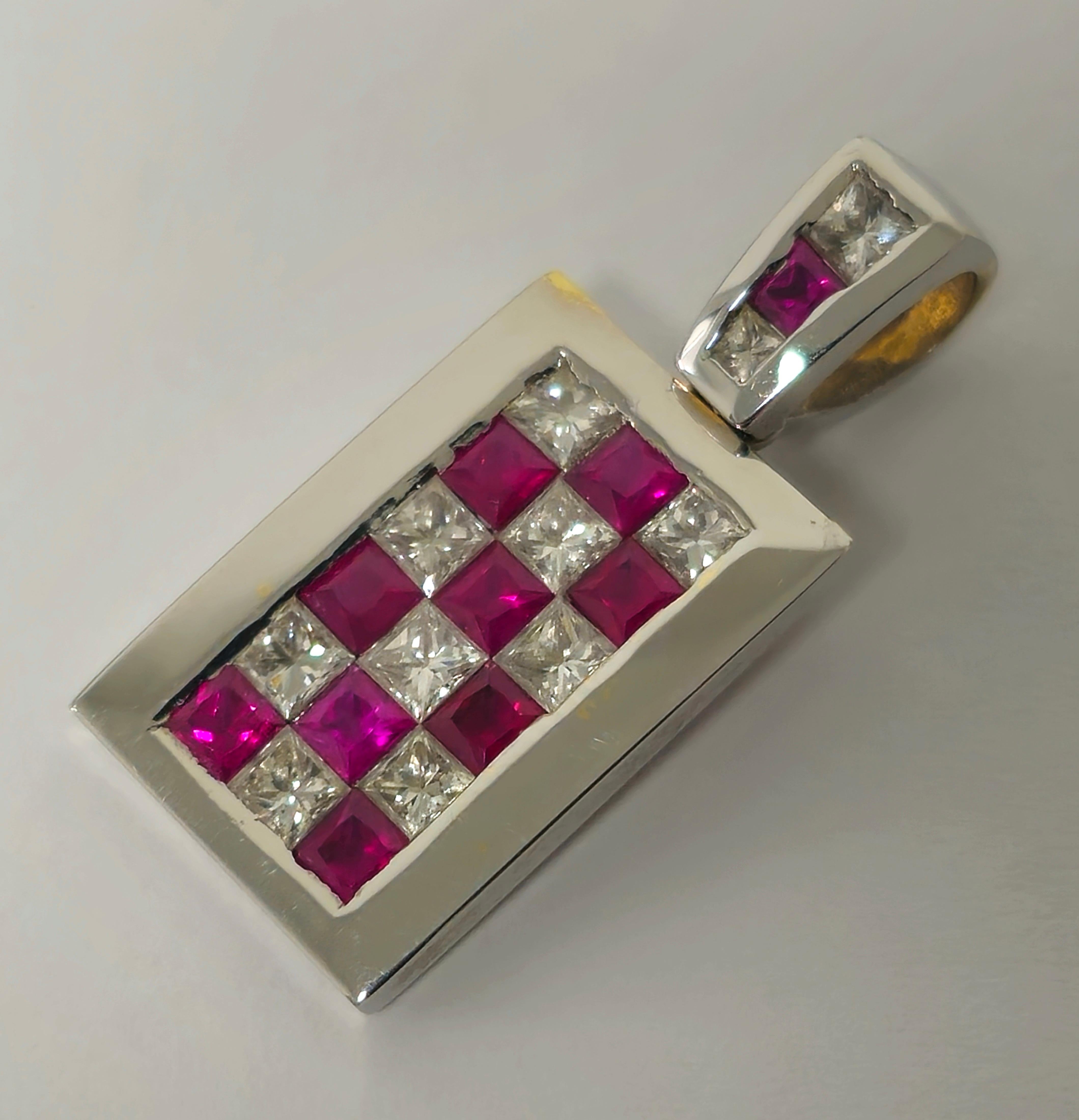 Elevate your elegance with our stunning 18K White Gold Pendant, adorned with 1.00 Carat Princess Cut Diamonds and a brilliant 1.00 Carat Burma Ruby. Each gemstone, including the VVS Diamonds and high-quality Ruby, exudes natural beauty and