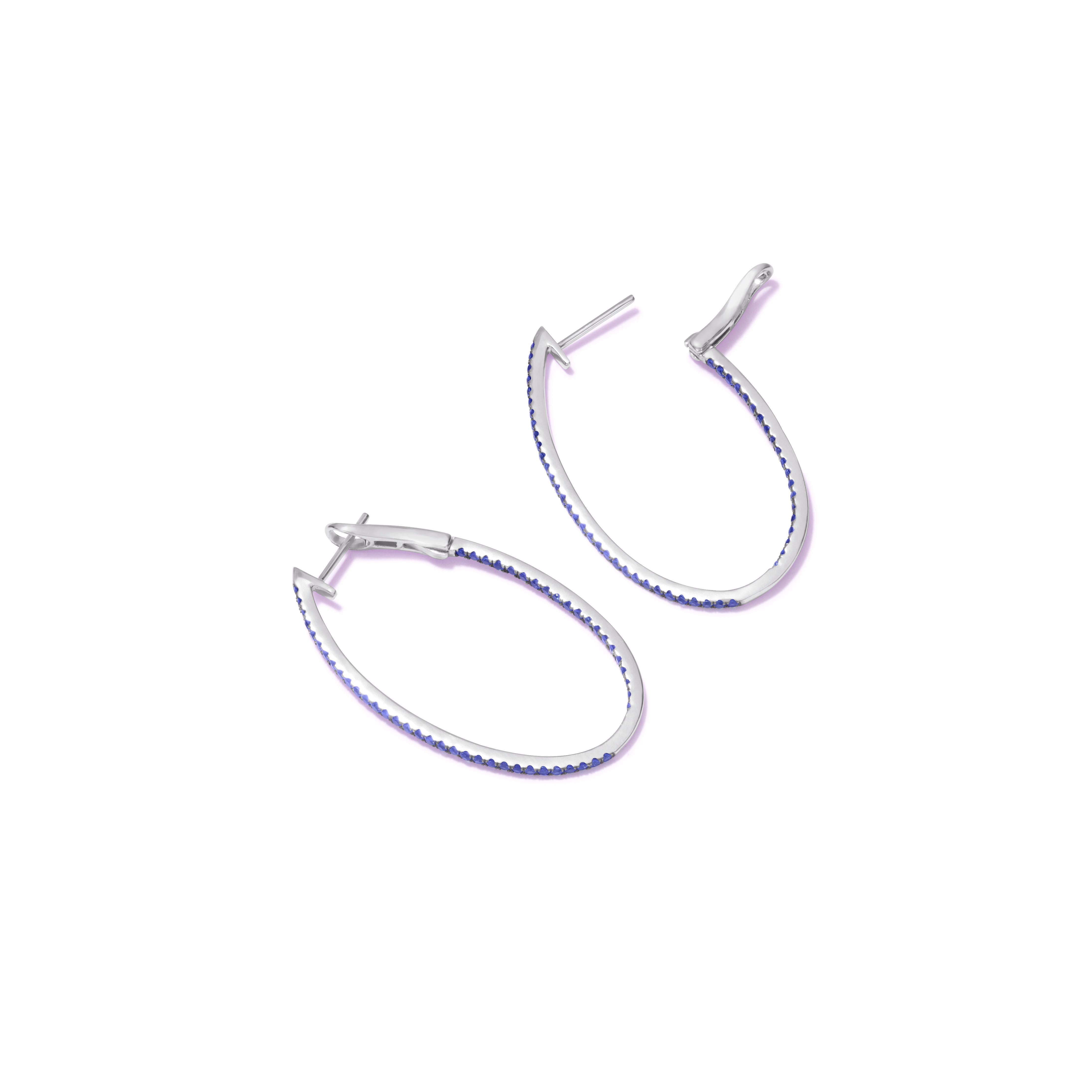 Contemporary 18K White Gold Blue Sapphire Pave Hoop Earrings