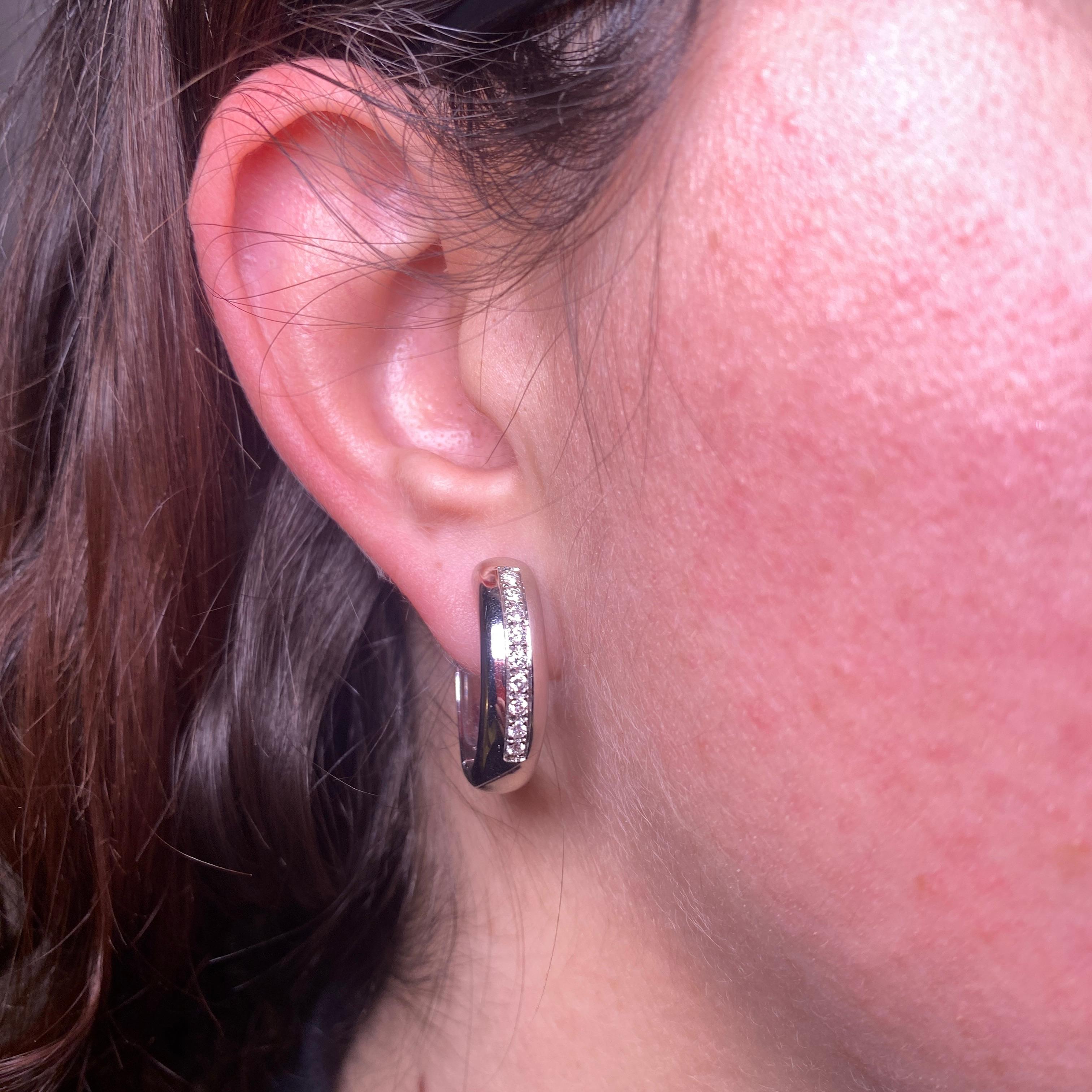 Women's or Men's 18K White Gold Hoop Earrings with Diamond Line For Sale