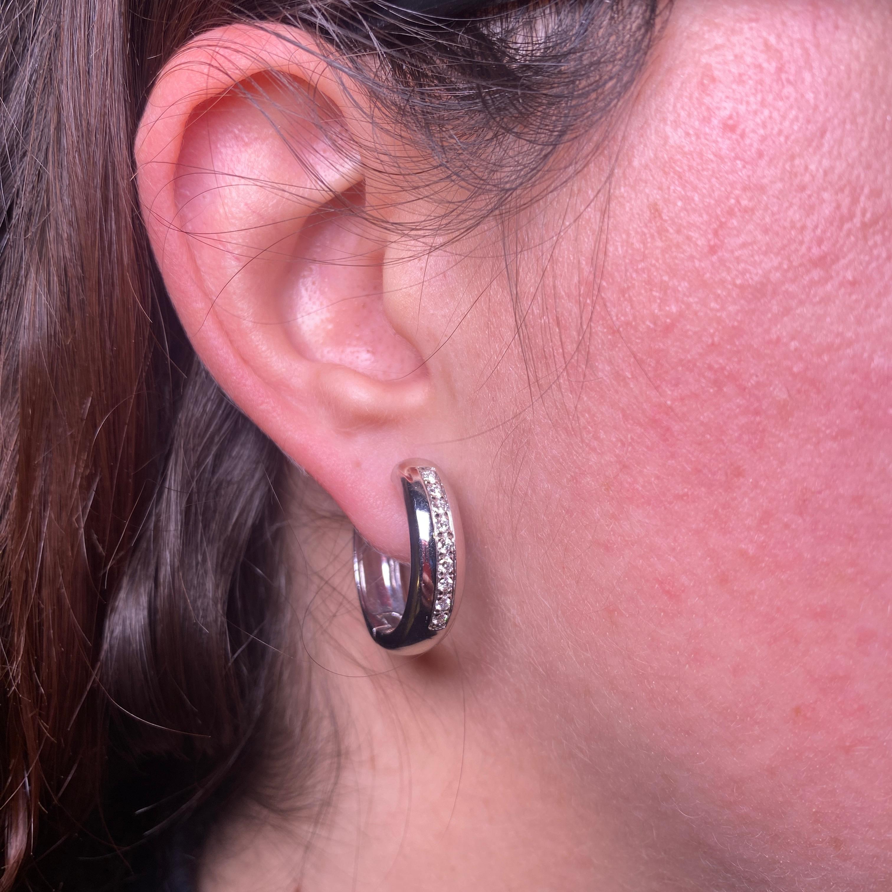 18K White Gold Hoop Earrings with Diamond Line For Sale 1