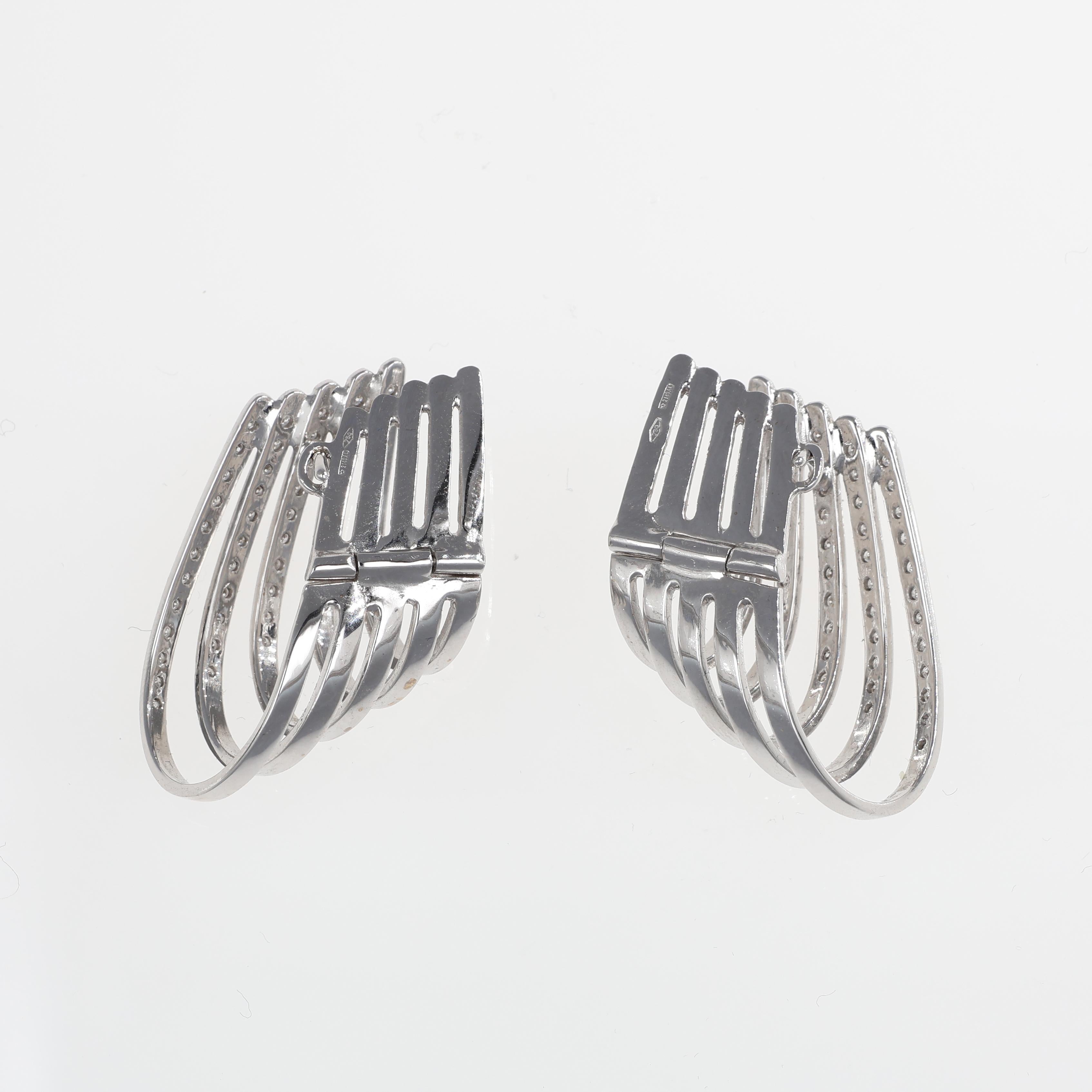 Brilliant Cut 18K White Gold Hoop Earrings with Five Diamond Rows For Sale