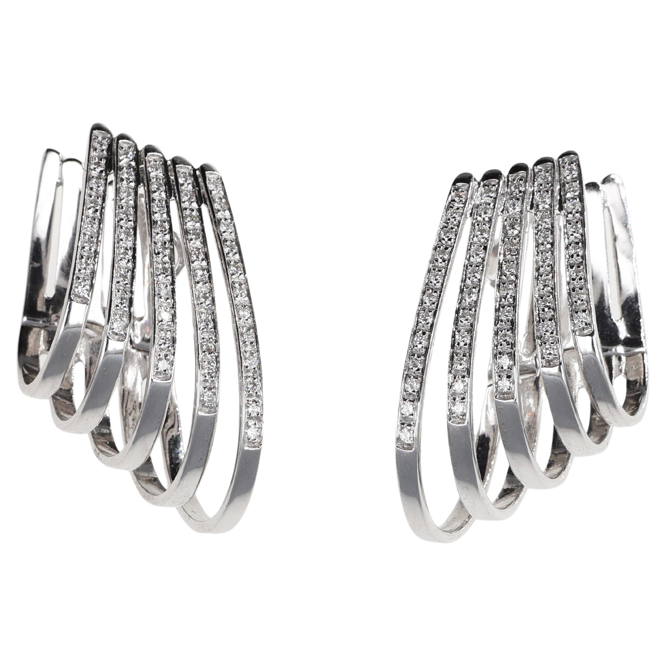18K White Gold Hoop Earrings with Five Diamond Rows For Sale