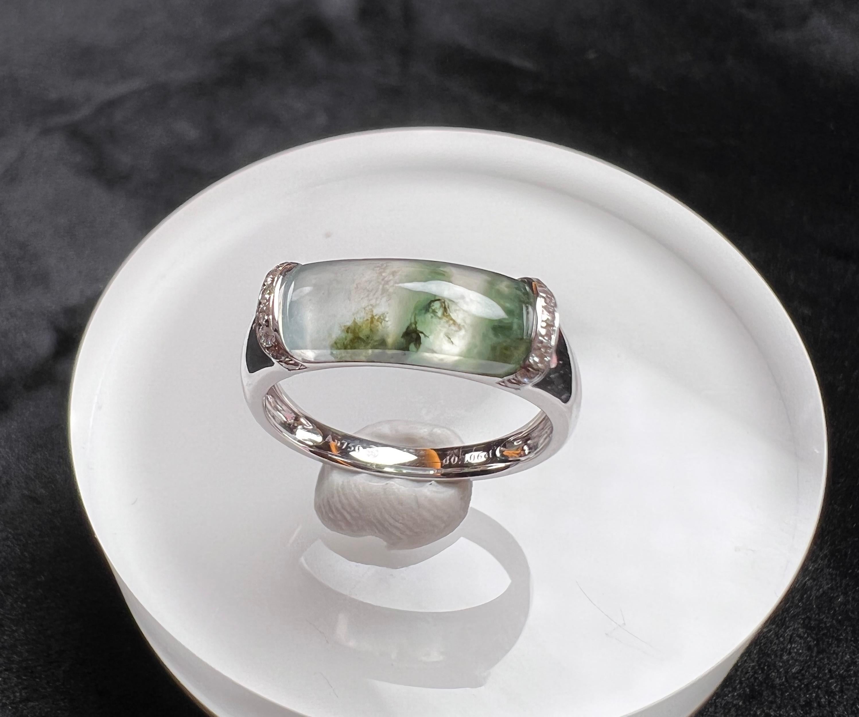 18K White Gold Icy Floating Flower Jadeite Ring Cocktail Ring In New Condition For Sale In London, GB