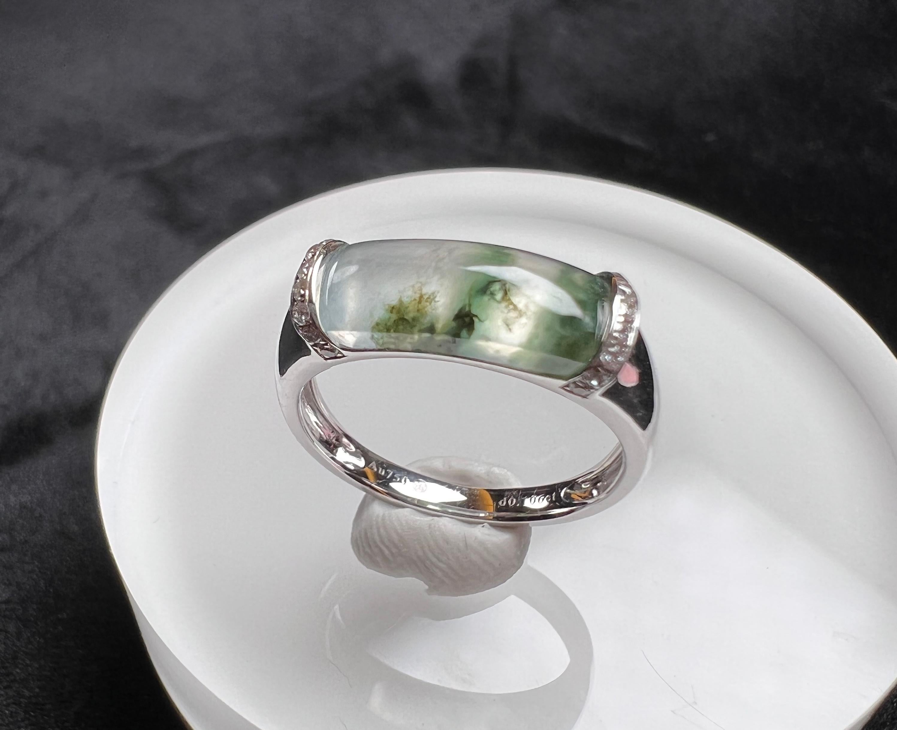 Women's or Men's 18K White Gold Icy Floating Flower Jadeite Ring Cocktail Ring For Sale