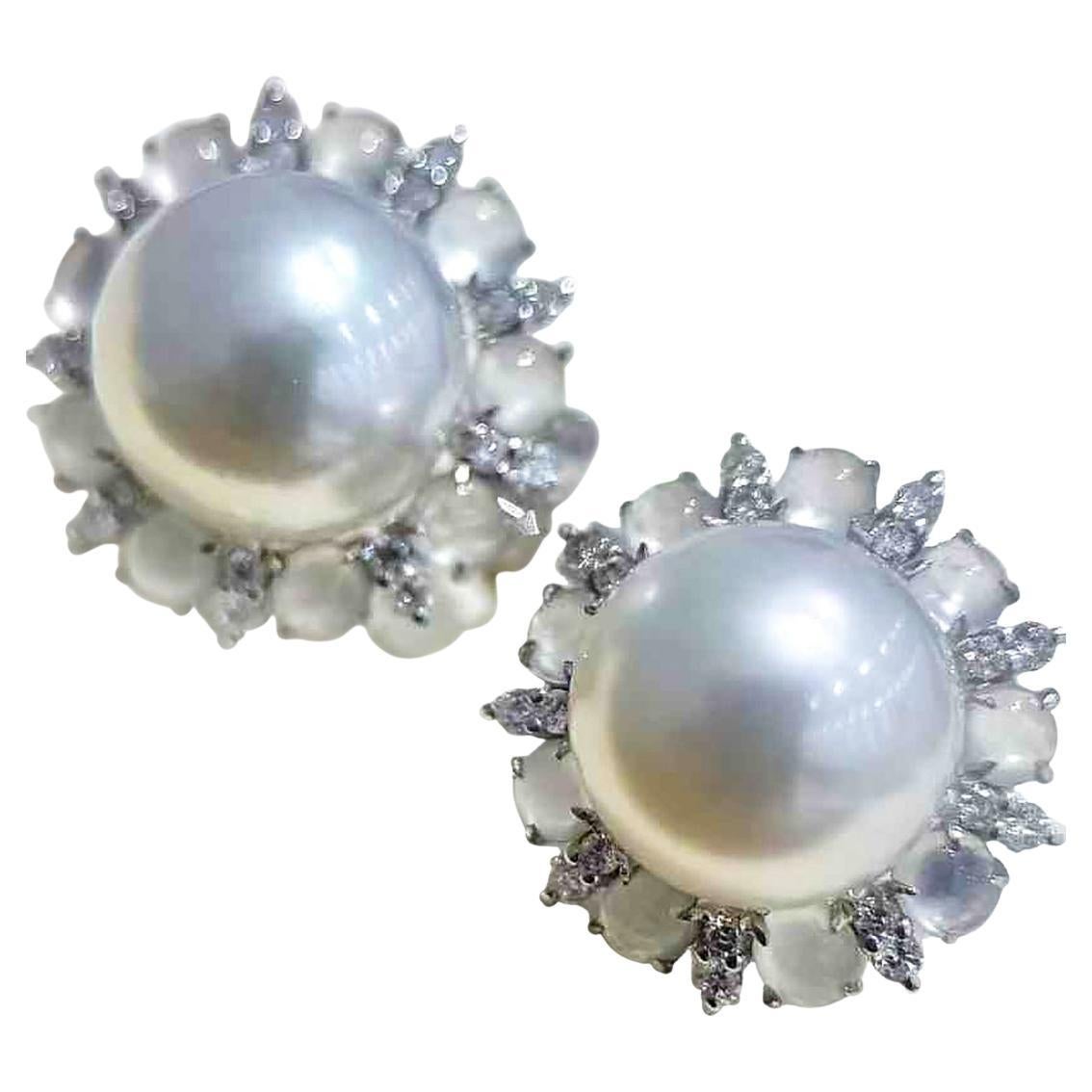 【Jādora】Icy Bloom White Jadeite & South Sea Pearl Earrings