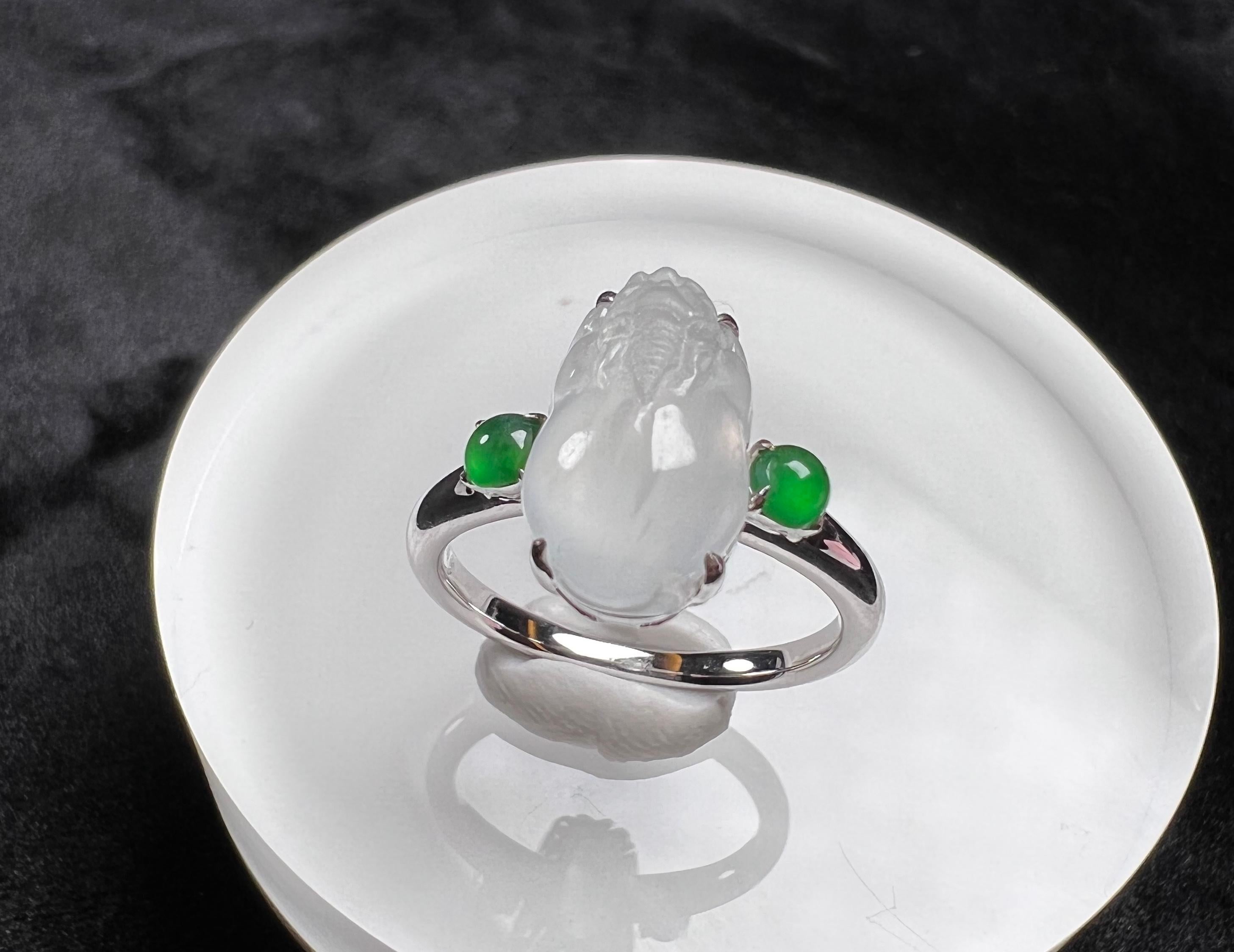 Mixed Cut 18K White Gold Icy Jadeite Green Jadeite Mythical Creature Ring Cocktail Ring For Sale