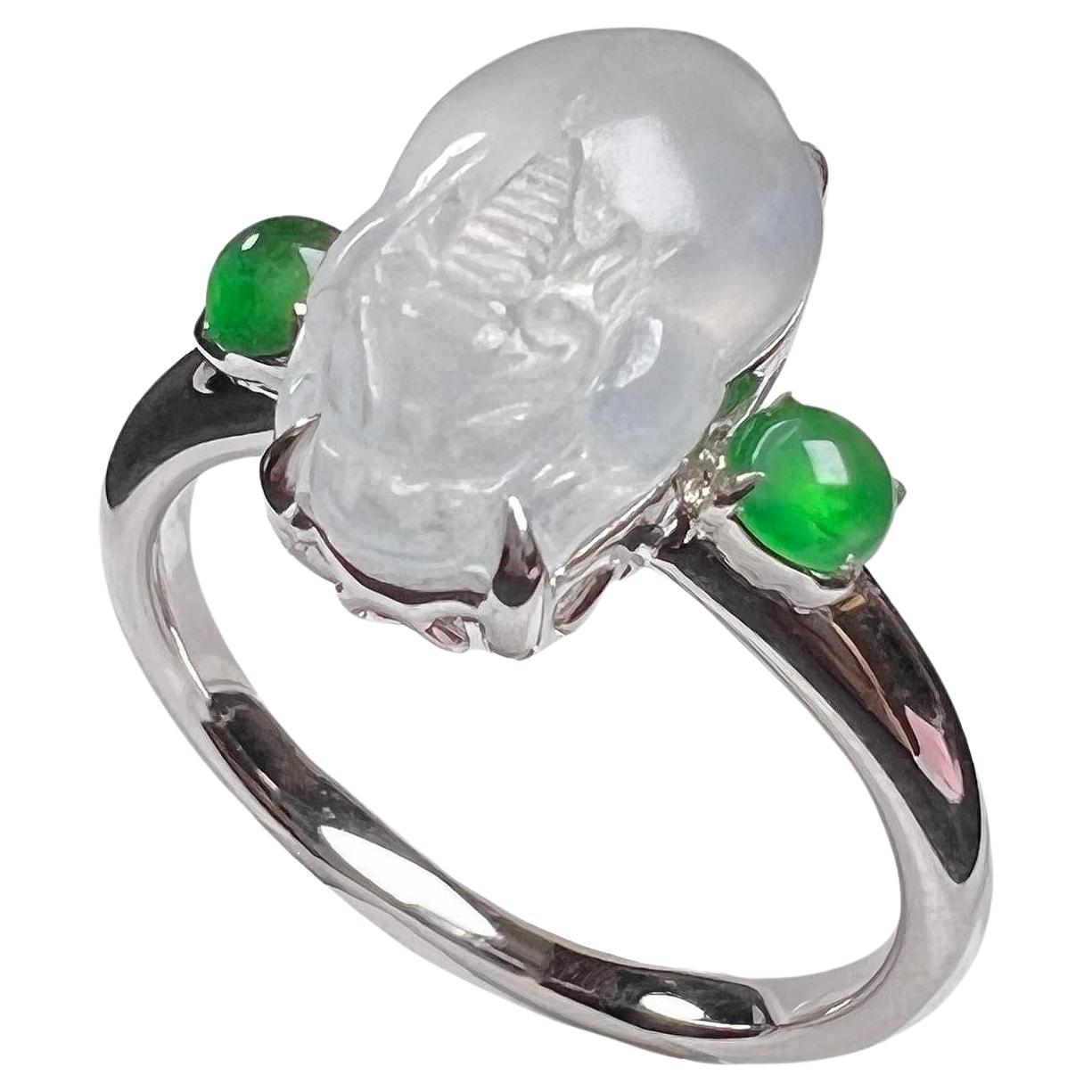 18K White Gold Icy Jadeite Green Jadeite Mythical Creature Ring Cocktail Ring For Sale
