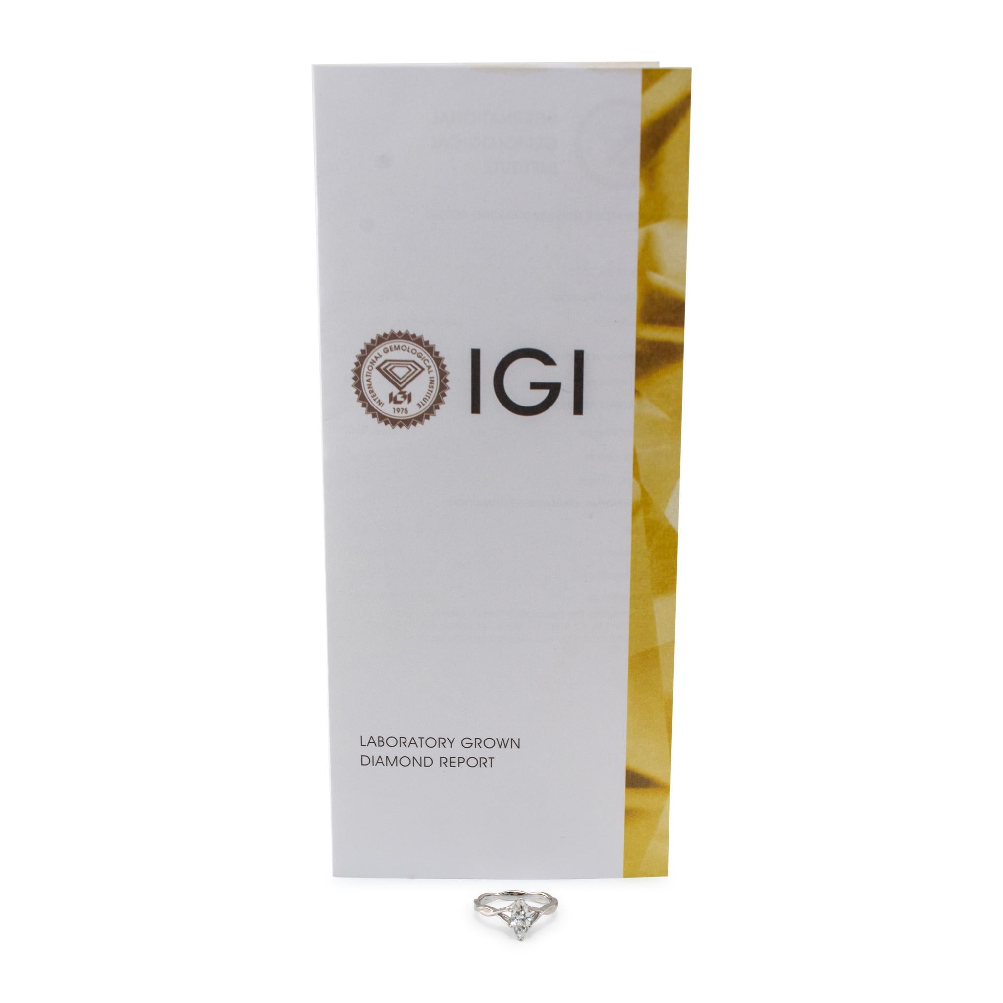 Bague de fiançailles en or blanc 18K IGI 1.18ct F VS1 Marquise Diamond Crossover Shank en vente 2