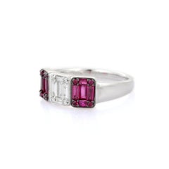 18K White Gold Illusion Cluster Three Stone Ruby and Diamond Engagement Ring