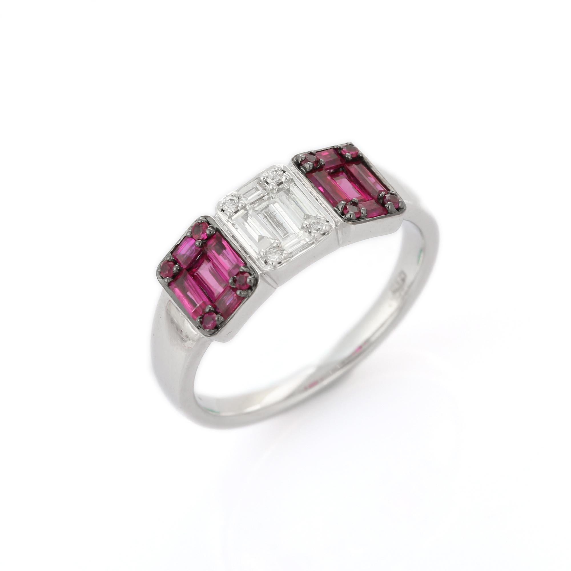 For Sale:  18K White Gold Illusion Cluster Three Stone Ruby and Diamond Engagement Ring 4