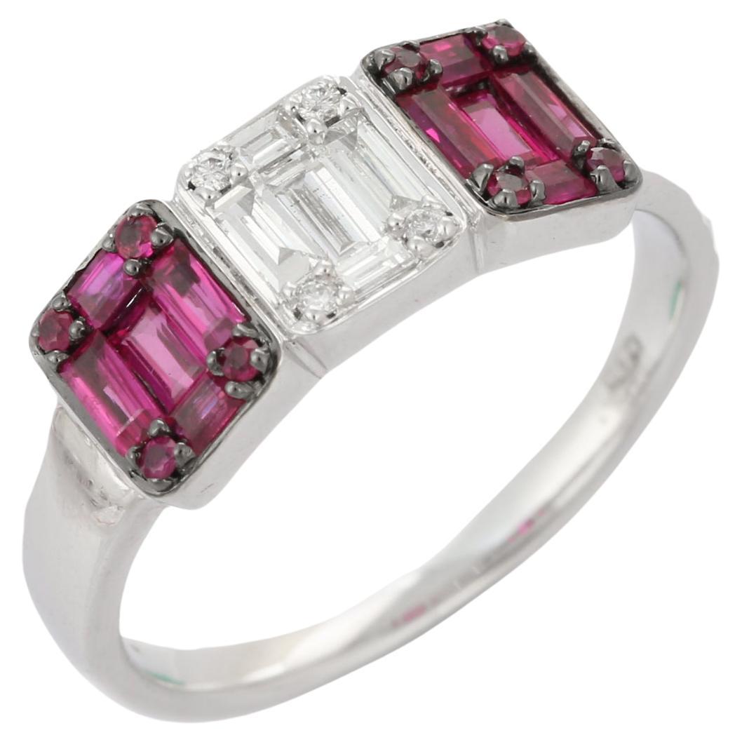 For Sale:  18K White Gold Illusion Cluster Three Stone Ruby and Diamond Engagement Ring