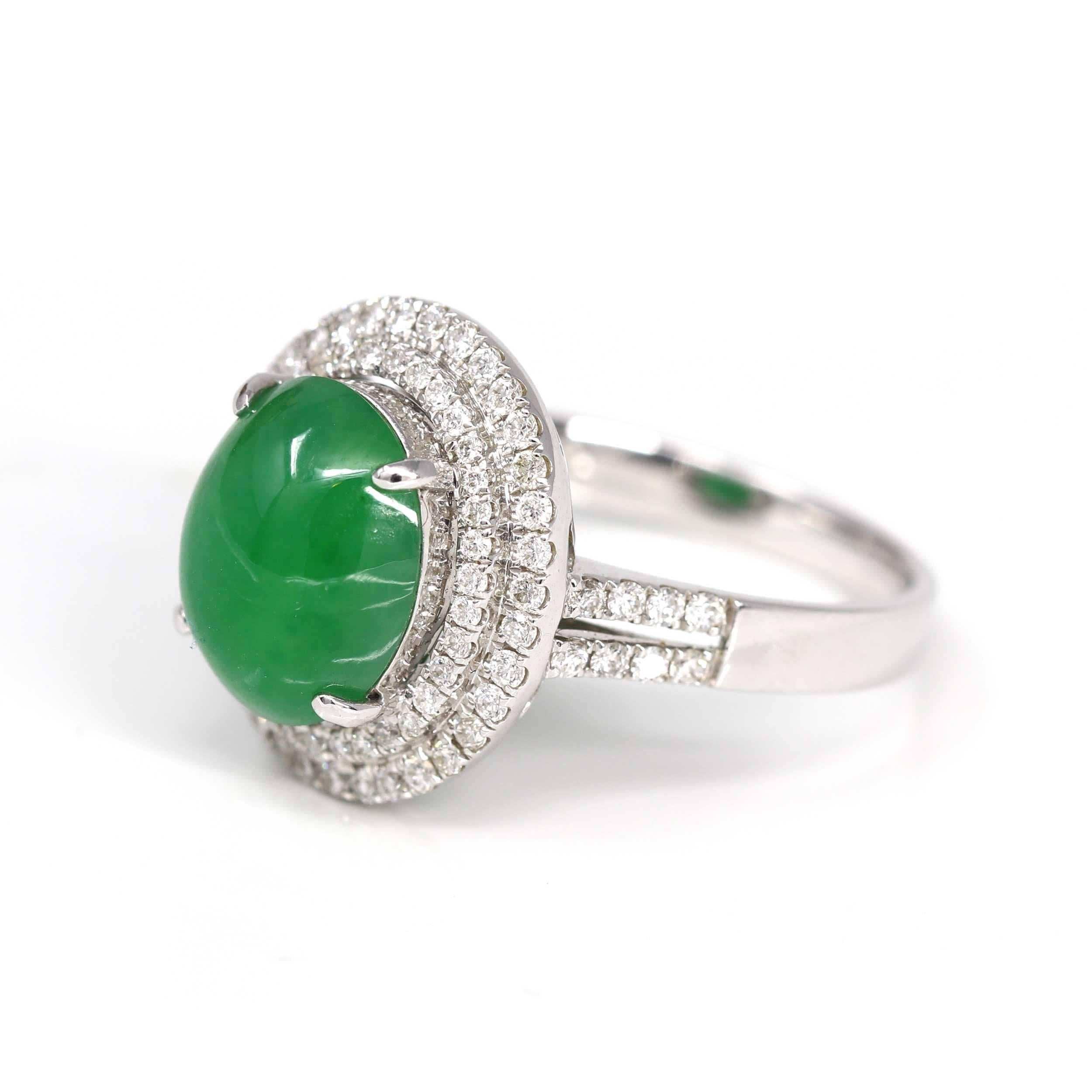 * ORIGINAL DESIGN --- Inspired by the natural beauty of genuine Burmese Imperial Green Jadeite, the rich, beautiful apple green color is found on no other stone. This one of a kind engagement ring combines the natural beauty of the extremely rare