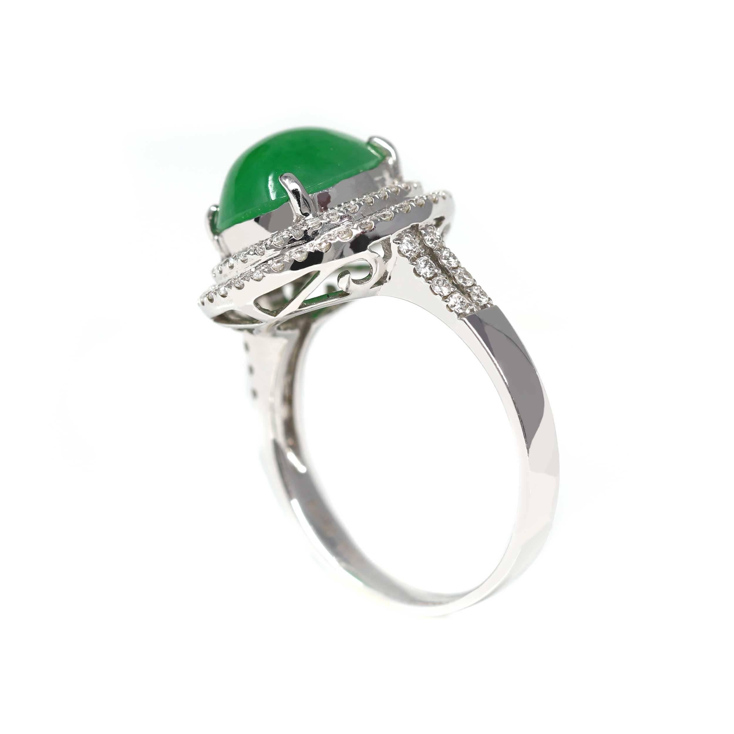 Artist 18k White Gold Imperial Green Jadeite Jade Ring with Diamonds For Sale