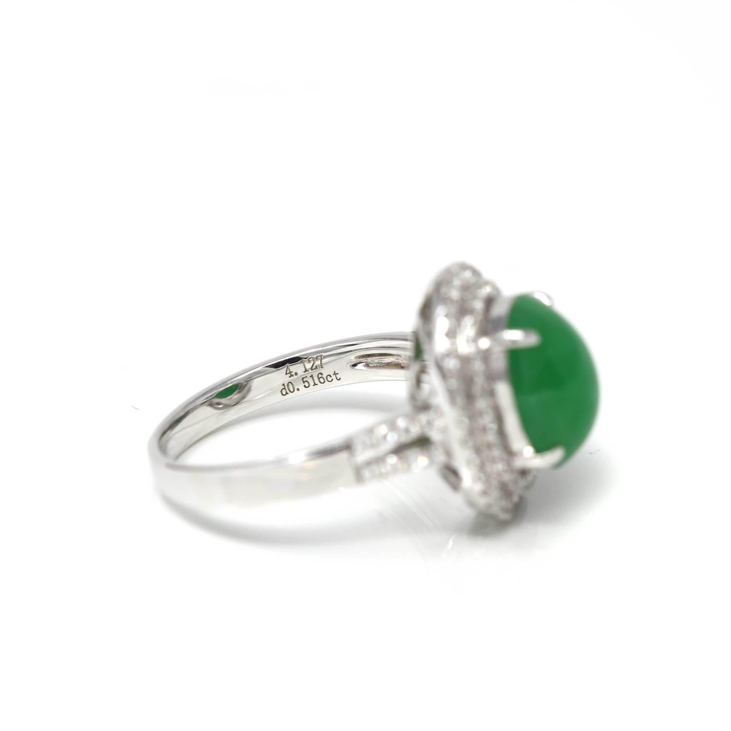 Cabochon 18k White Gold Imperial Green Jadeite Jade Ring with Diamonds For Sale