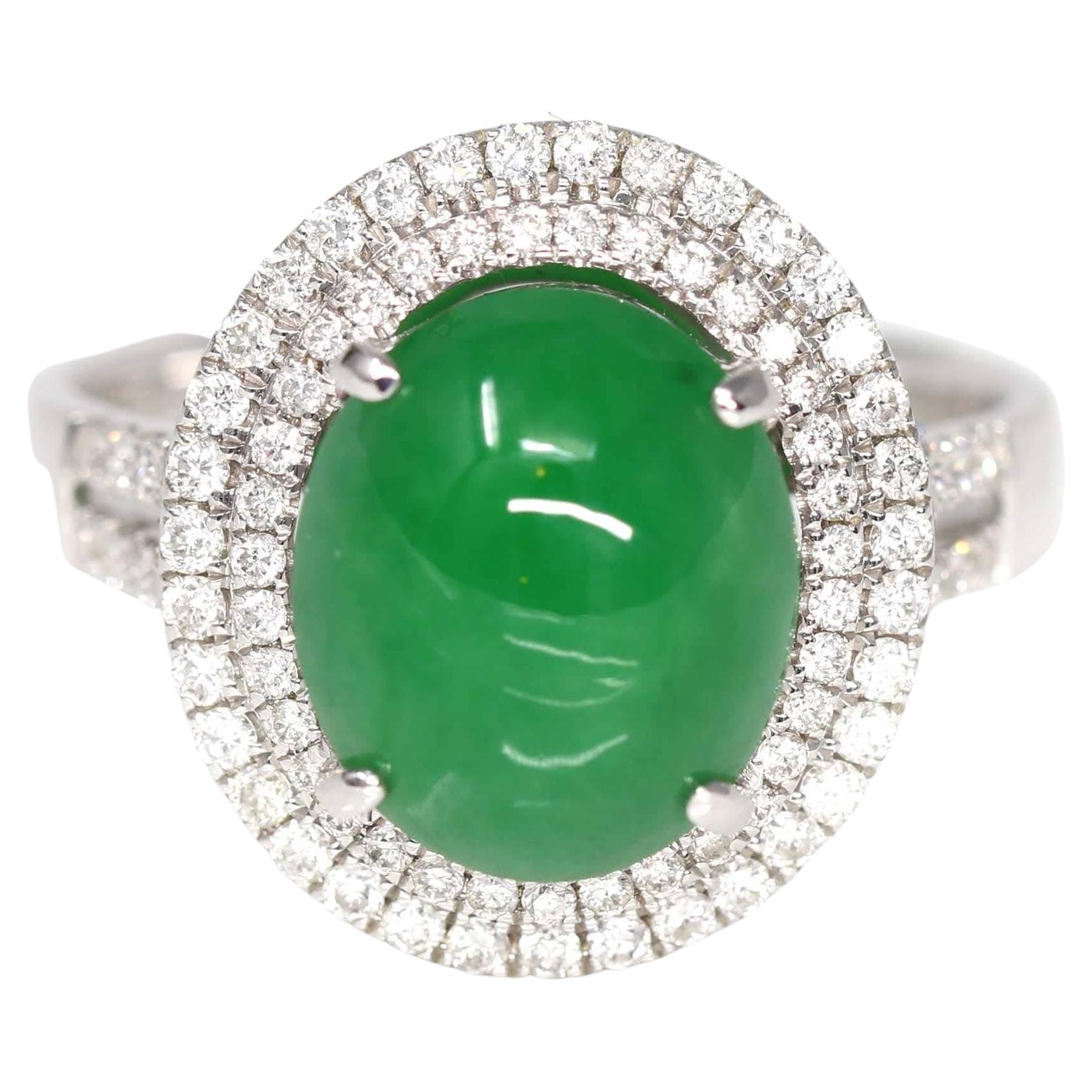 18k White Gold Imperial Green Jadeite Jade Ring with Diamonds