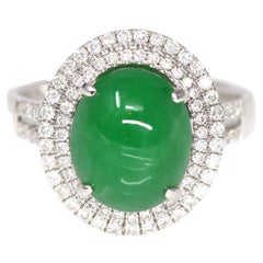 Used 18k White Gold Imperial Green Jadeite Jade Ring with Diamonds