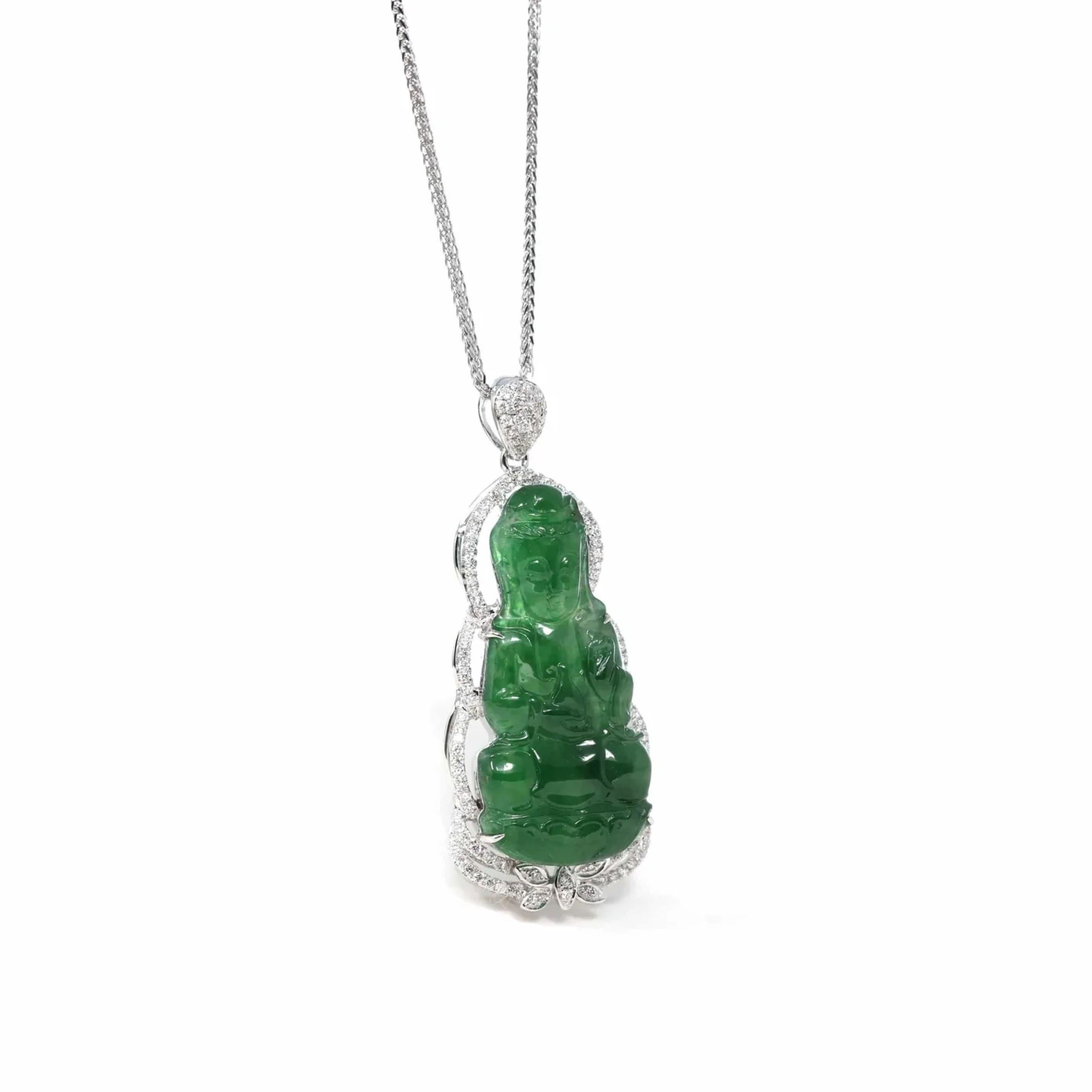 * DESIGN CONCEPT--- This necklace depicts a timeless symbol seen in jade. The Guan Yin. Representing compassion, kindness, and Mercy. The value of the piece comes from the natural Burmese imperial green jadeite jade. As photographed, the