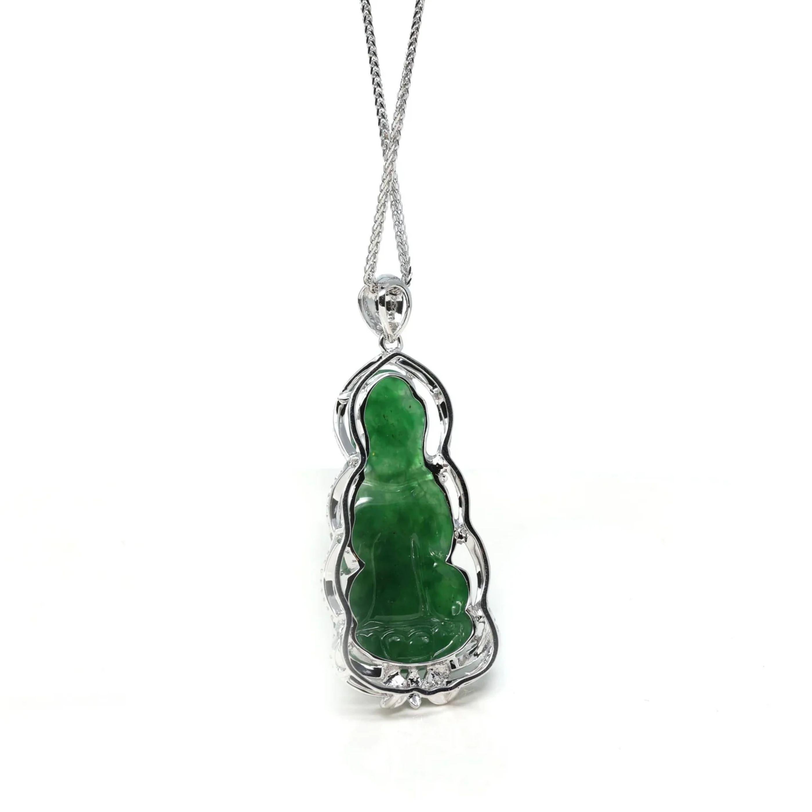 Artist 18k White Gold Imperial Jadeite Goddess of Compassion Guan Yin Necklace Diamonds For Sale