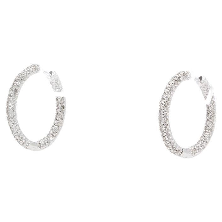 18K White Gold & Inside Outside Diamond 3/4" Hoop Earrings 2.04ctw