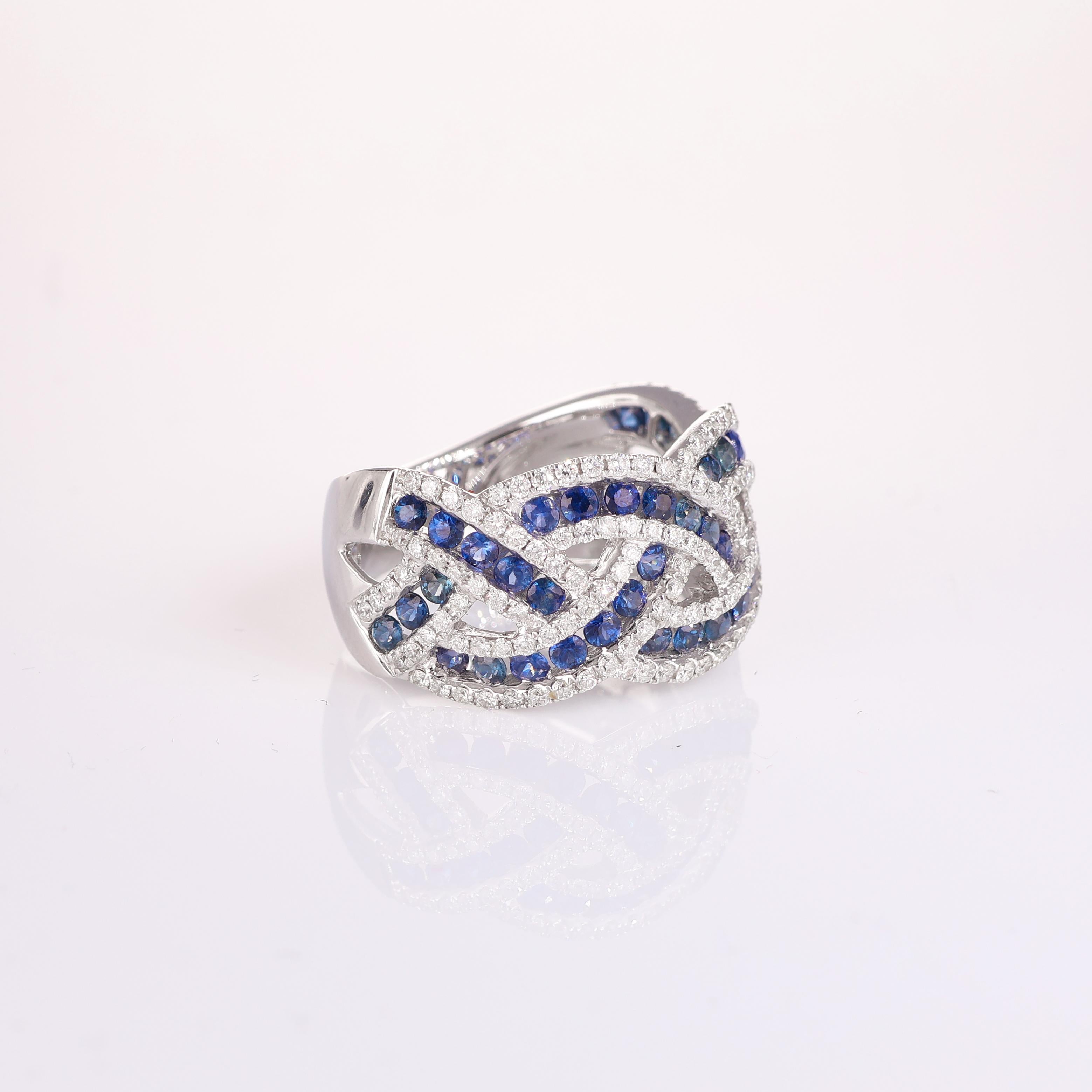 Brilliant Cut 18K White Gold Interwoven Band Ring with Sapphires and Diamonds For Sale