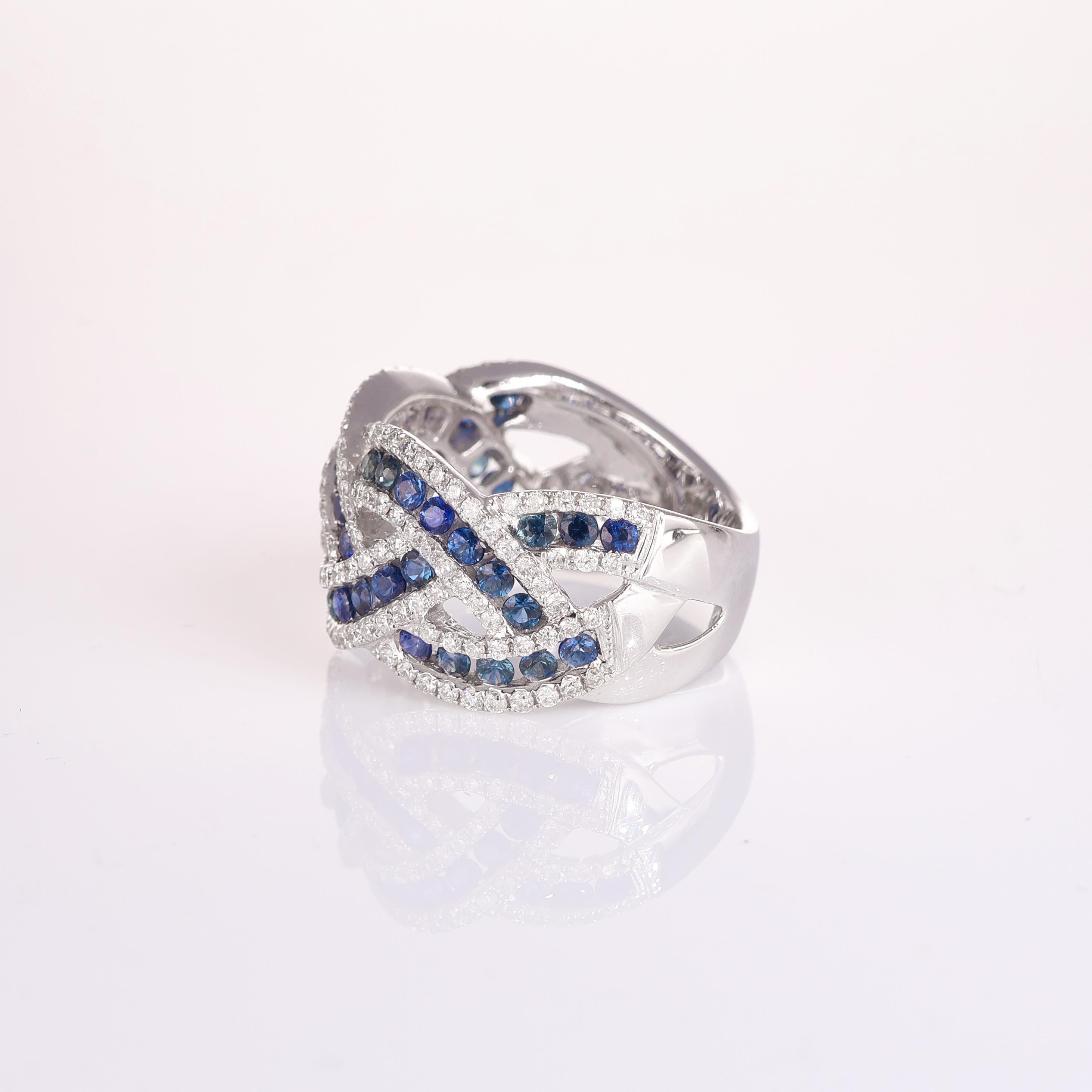18K White Gold Interwoven Band Ring with Sapphires and Diamonds In New Condition For Sale In Bergamo, BG