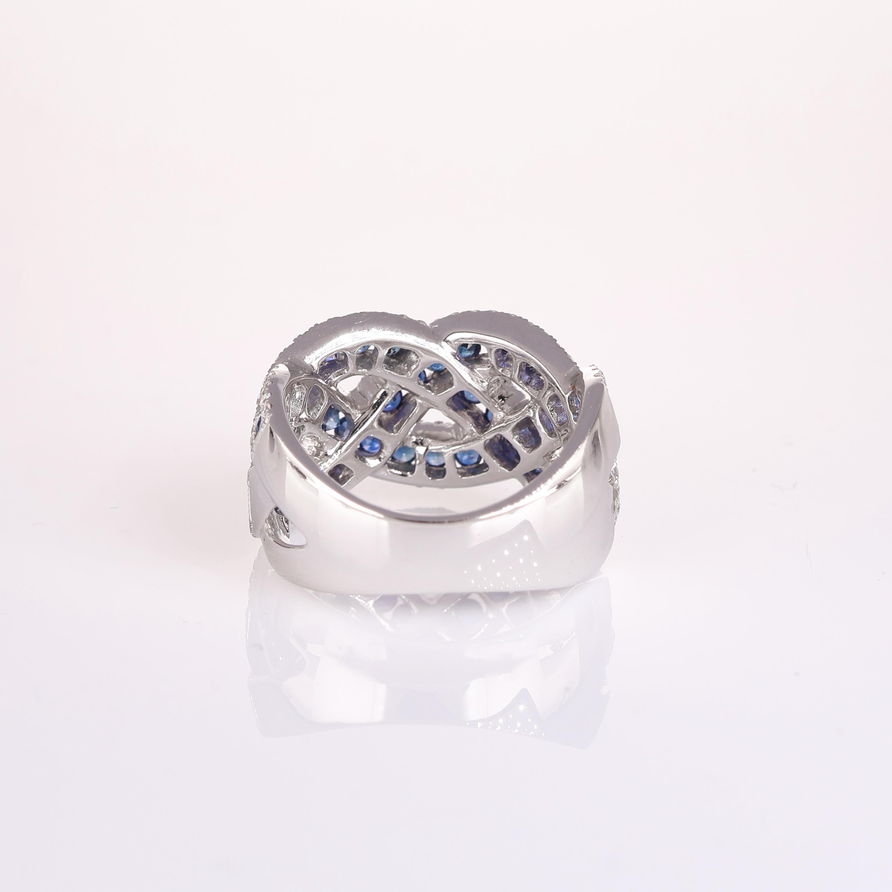 Women's or Men's 18K White Gold Interwoven Band Ring with Sapphires and Diamonds For Sale