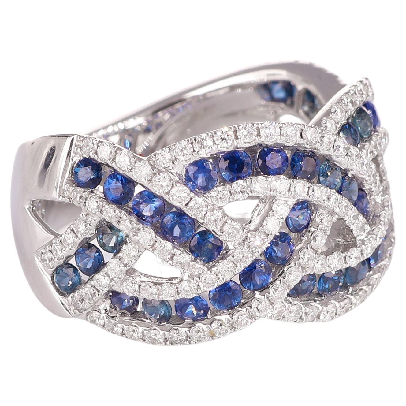 18K White Gold Interwoven Band Ring with Sapphires and Diamonds For Sale