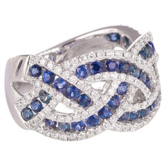 18K White Gold Interwoven Band Ring with Sapphires and Diamonds