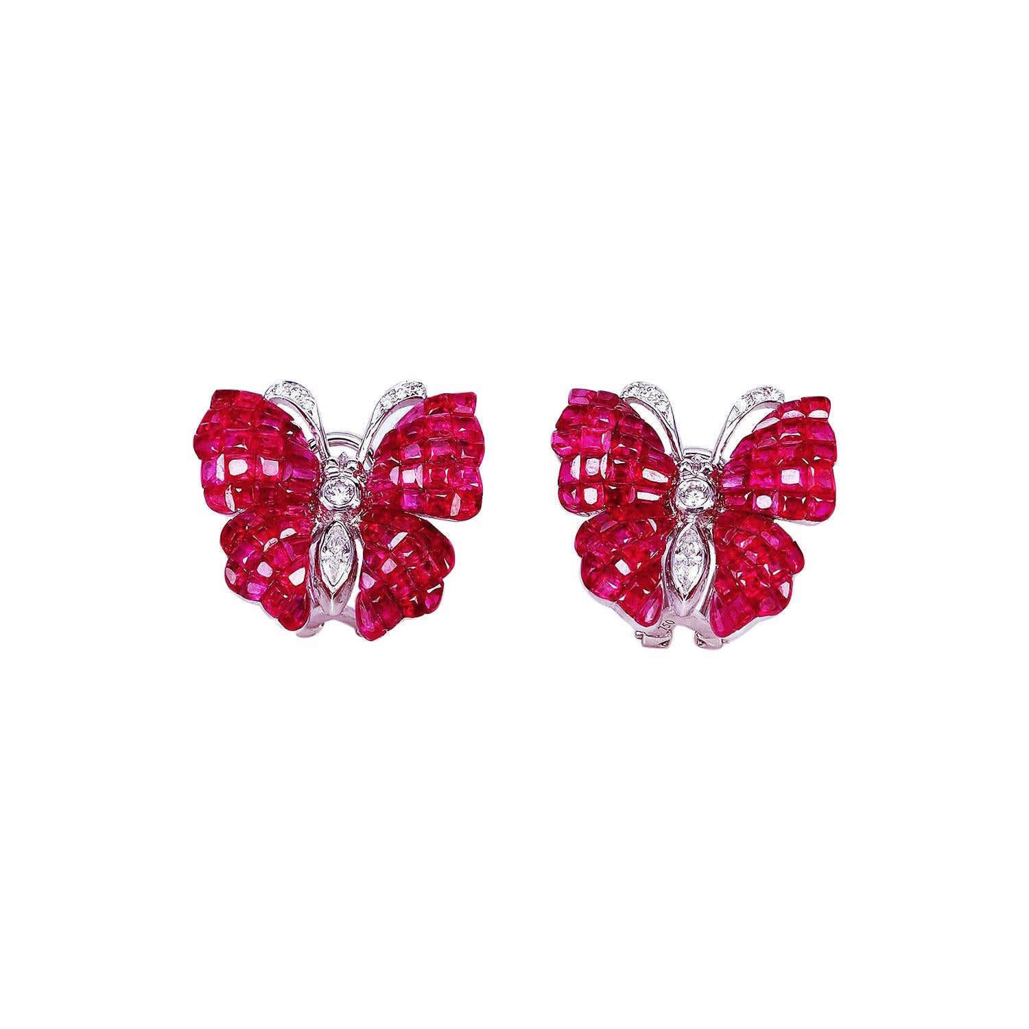 18K White gold invisible Ruby Dangling Earrings For Sale at 