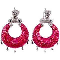 Used 18K White gold invisible Dangling Ruby Earrings