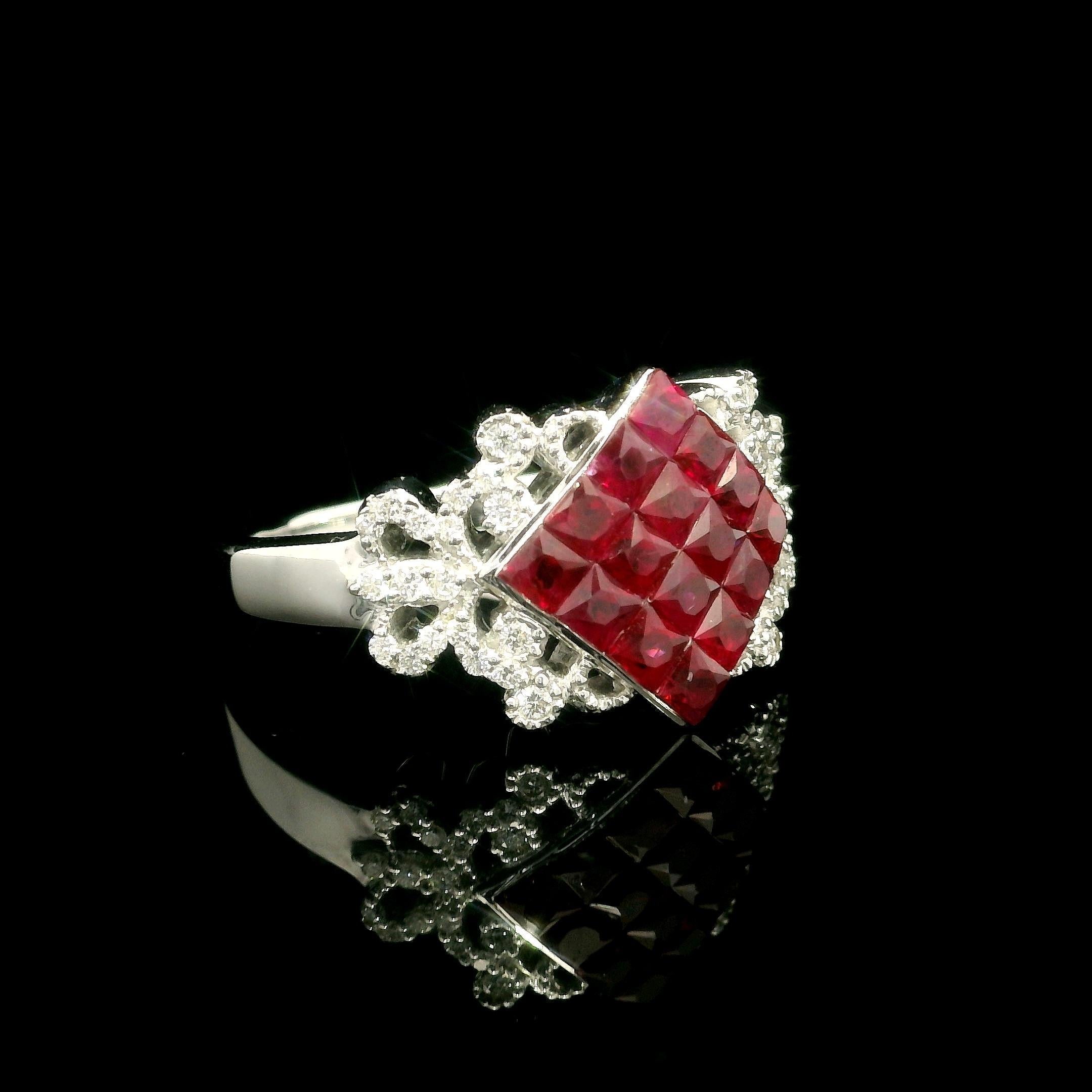 Anello a fascia larga con rubini e diamanti incastonati in oro bianco 18k Invisible Mystery Set in vendita 6