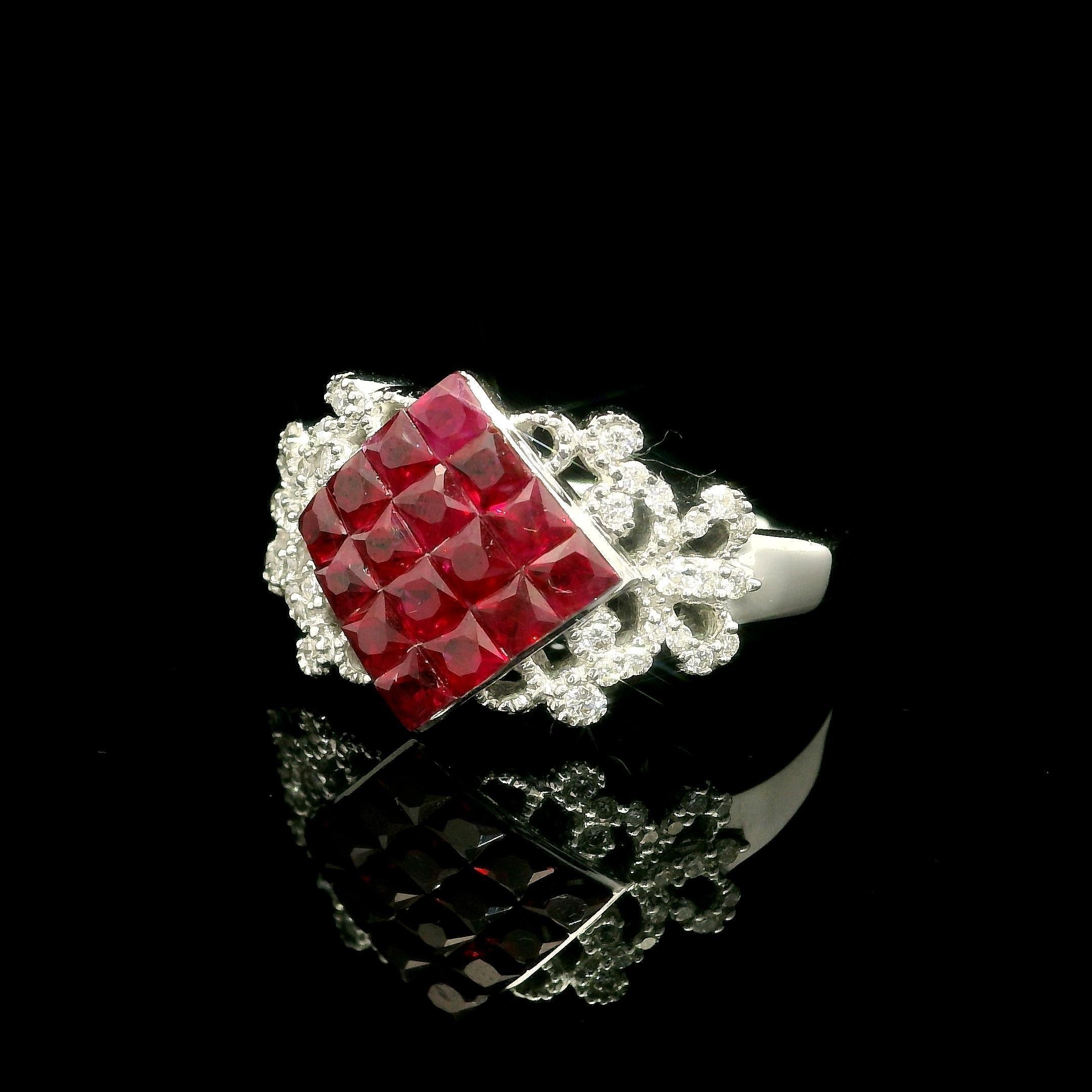 Anello a fascia larga con rubini e diamanti incastonati in oro bianco 18k Invisible Mystery Set in vendita 7