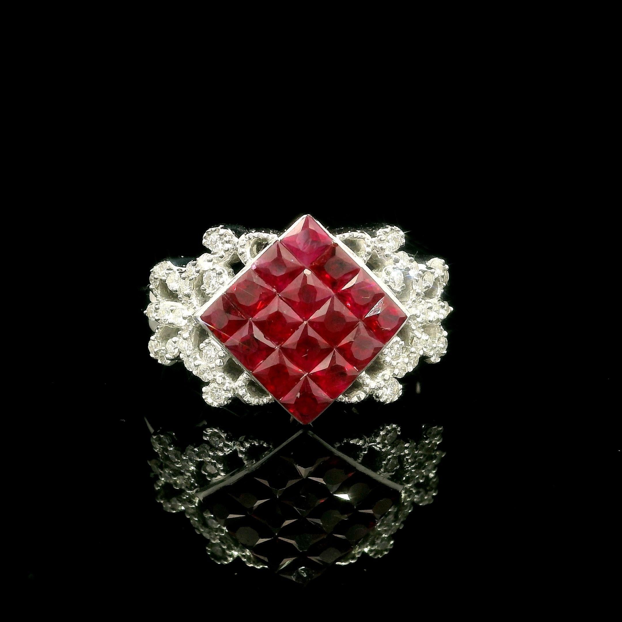 Anello a fascia larga con rubini e diamanti incastonati in oro bianco 18k Invisible Mystery Set in vendita 9