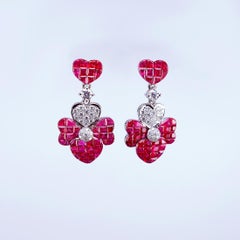 18K White gold invisible Ruby and Diamond clove Earrings
