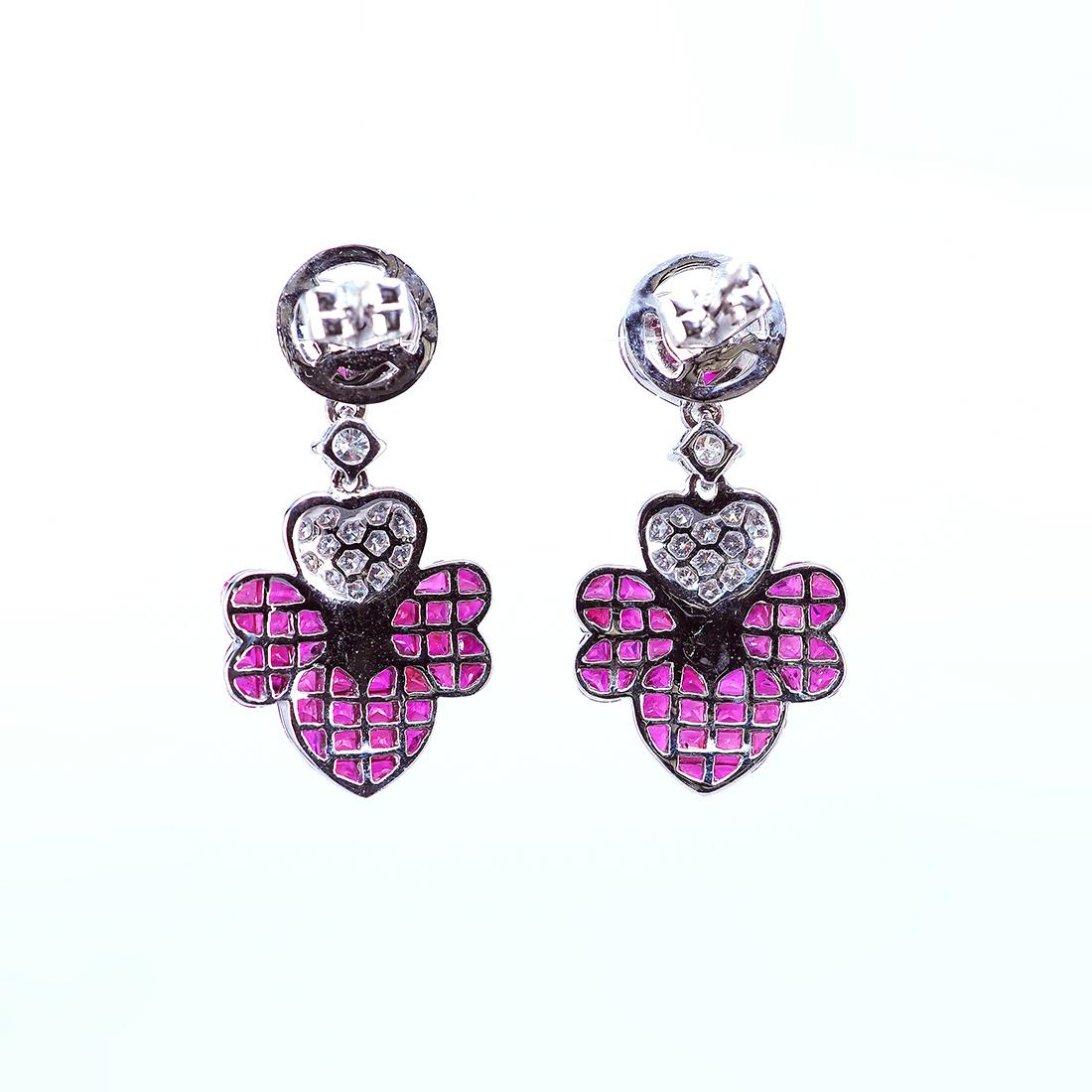 Modern 18K White gold invisible Ruby and Diamond clove Earrings For Sale