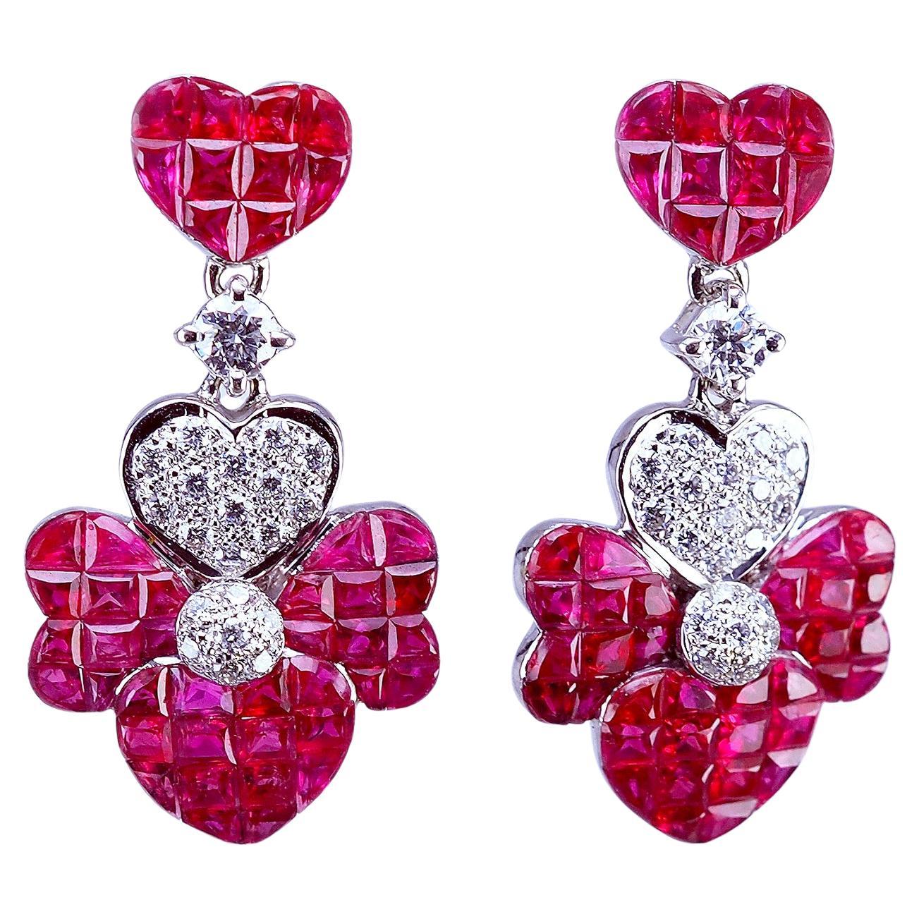 Pendientes invisibles de oro blanco de 18 quilates con forma de clavo de Rubí y Diamante