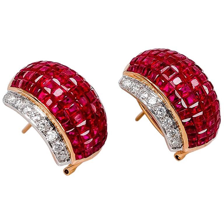 18 Karat Weißgold unsichtbare Rubin- und Diamant-Creolen