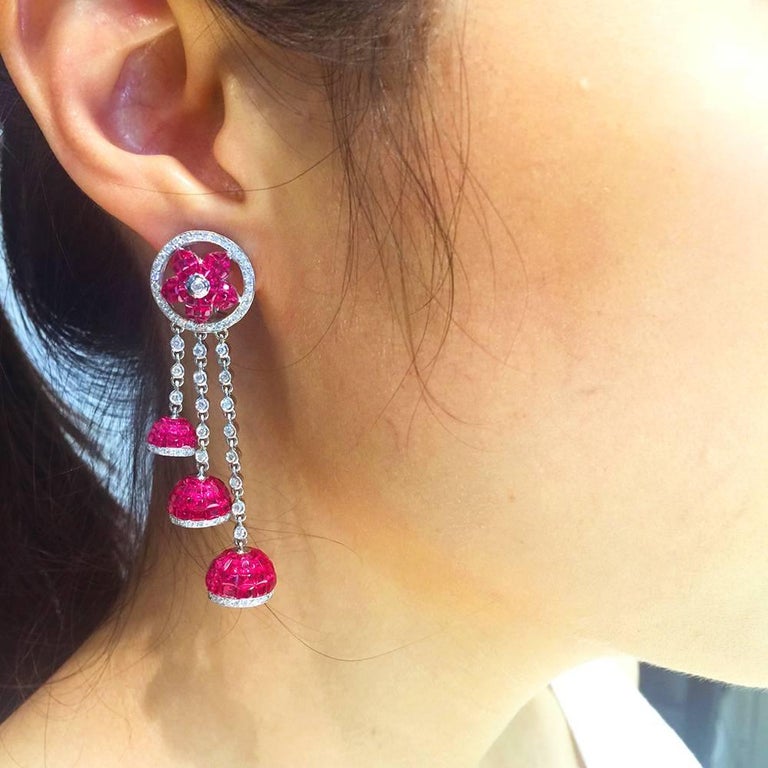 18K White gold invisible Ruby Dangling Earrings For Sale at 1stDibs ...