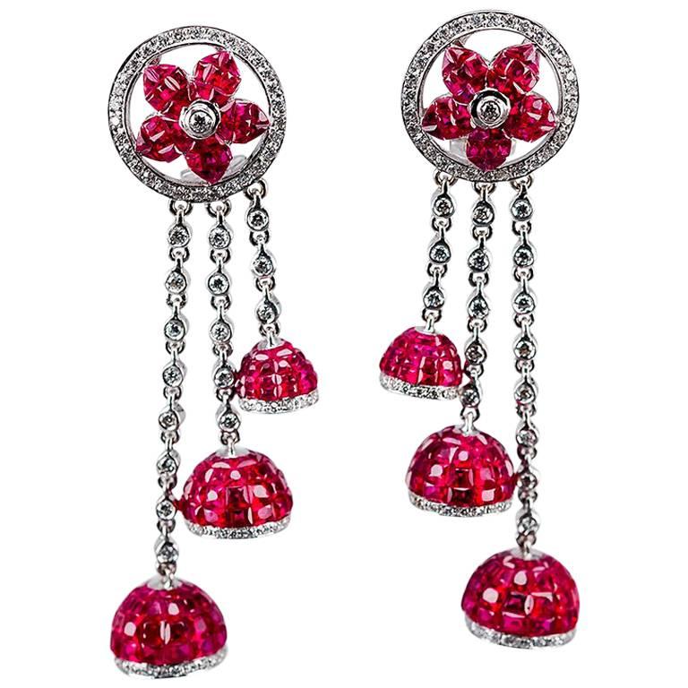 18K White gold invisible Ruby Dangling Earrings For Sale