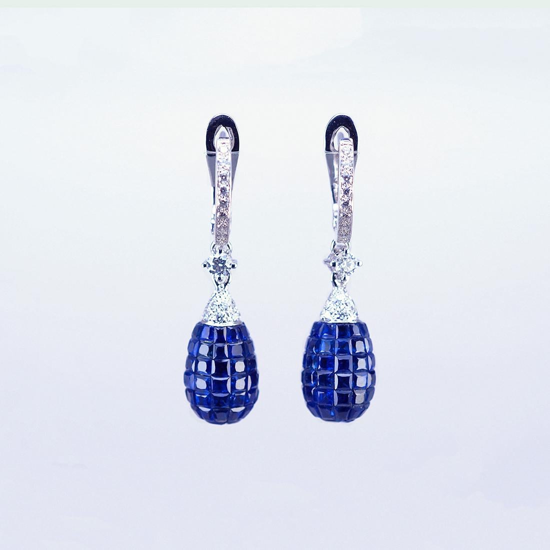 The top quality sapphire which make in invisible setting. We set the stone in perfection as we are professional in this kind of setting more than 40 years. The invisible is a highly technique .We cut and groove every stone .Therefore; we can