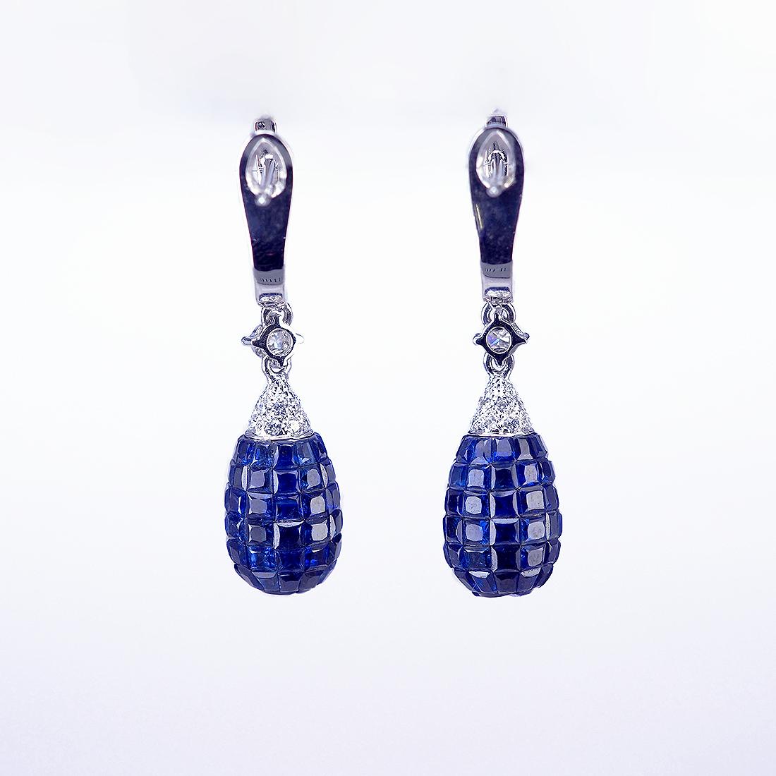 Modern 18K White gold invisible Sapphire and Diamond Drop Earrings For Sale