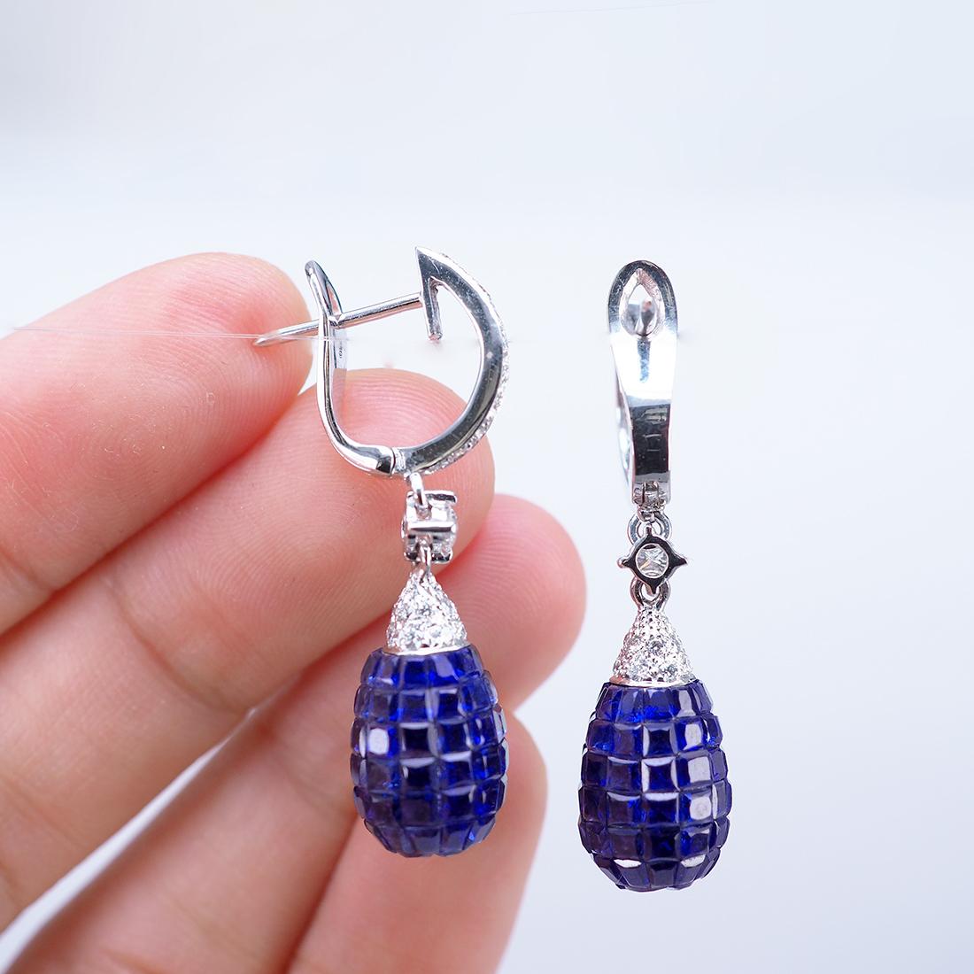Square Cut 18K White gold invisible Sapphire and Diamond Drop Earrings For Sale
