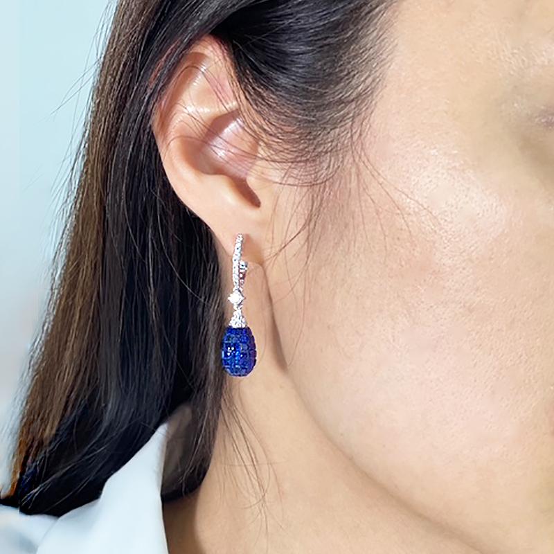 Women's 18K White gold invisible Sapphire and Diamond Drop Earrings For Sale
