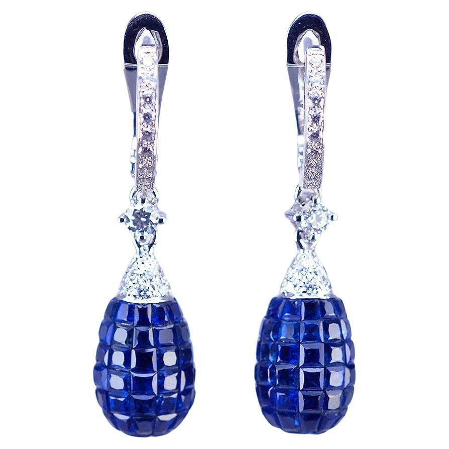 18K White gold invisible Sapphire and Diamond Drop Earrings