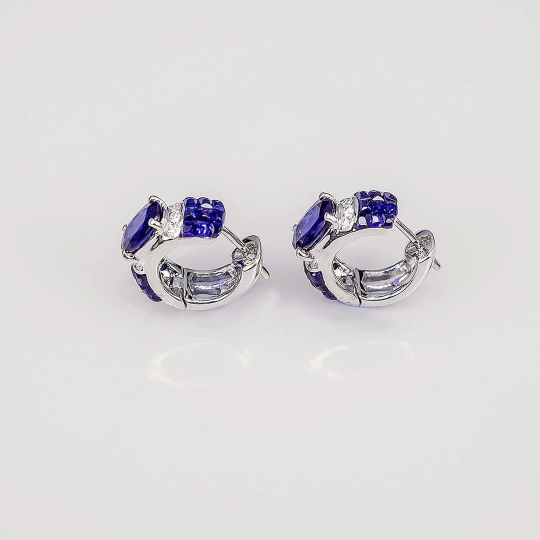 Square Cut 18K White gold invisible Sapphire Hoop Earrings For Sale