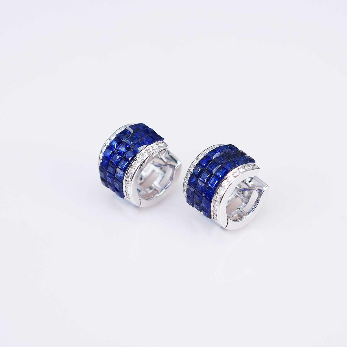 18 Karat White Gold Invisible Sapphire Hoop Earrings 'S' In New Condition For Sale In Bangkok, TH